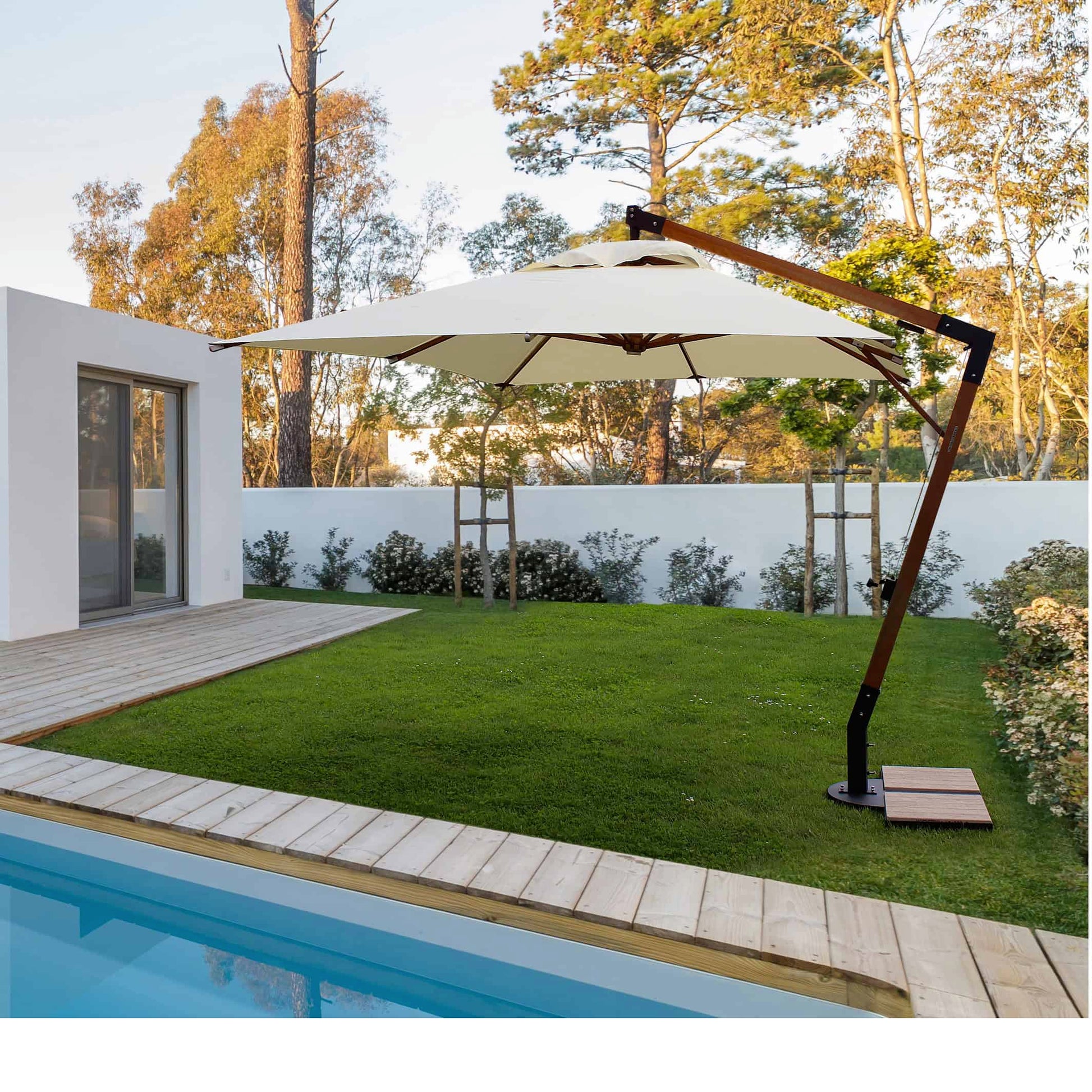 Modern house with garden swimming pool and wooden deck