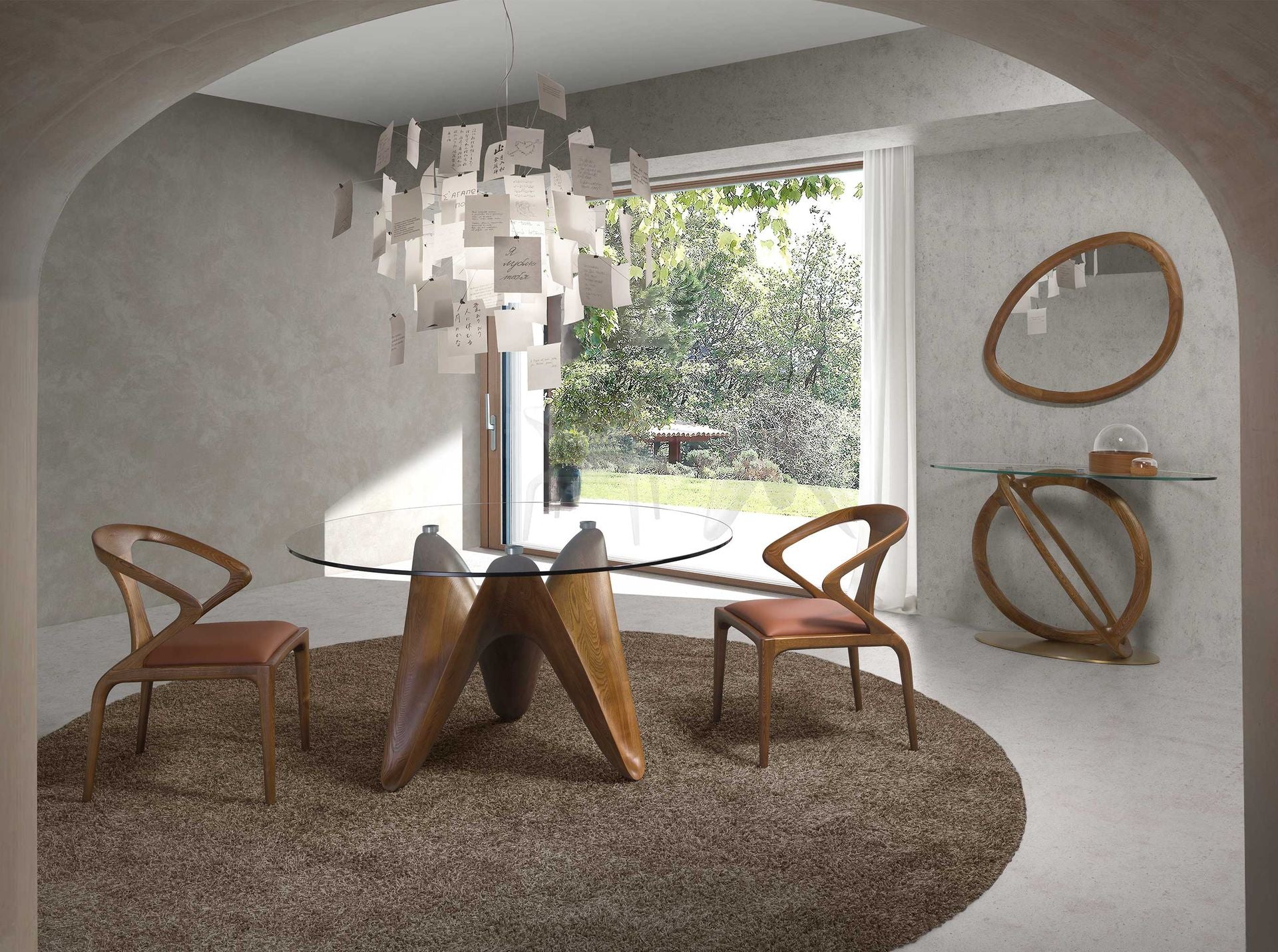 Tavolo da pranzo rotonda vetro temperato e noce Ø140