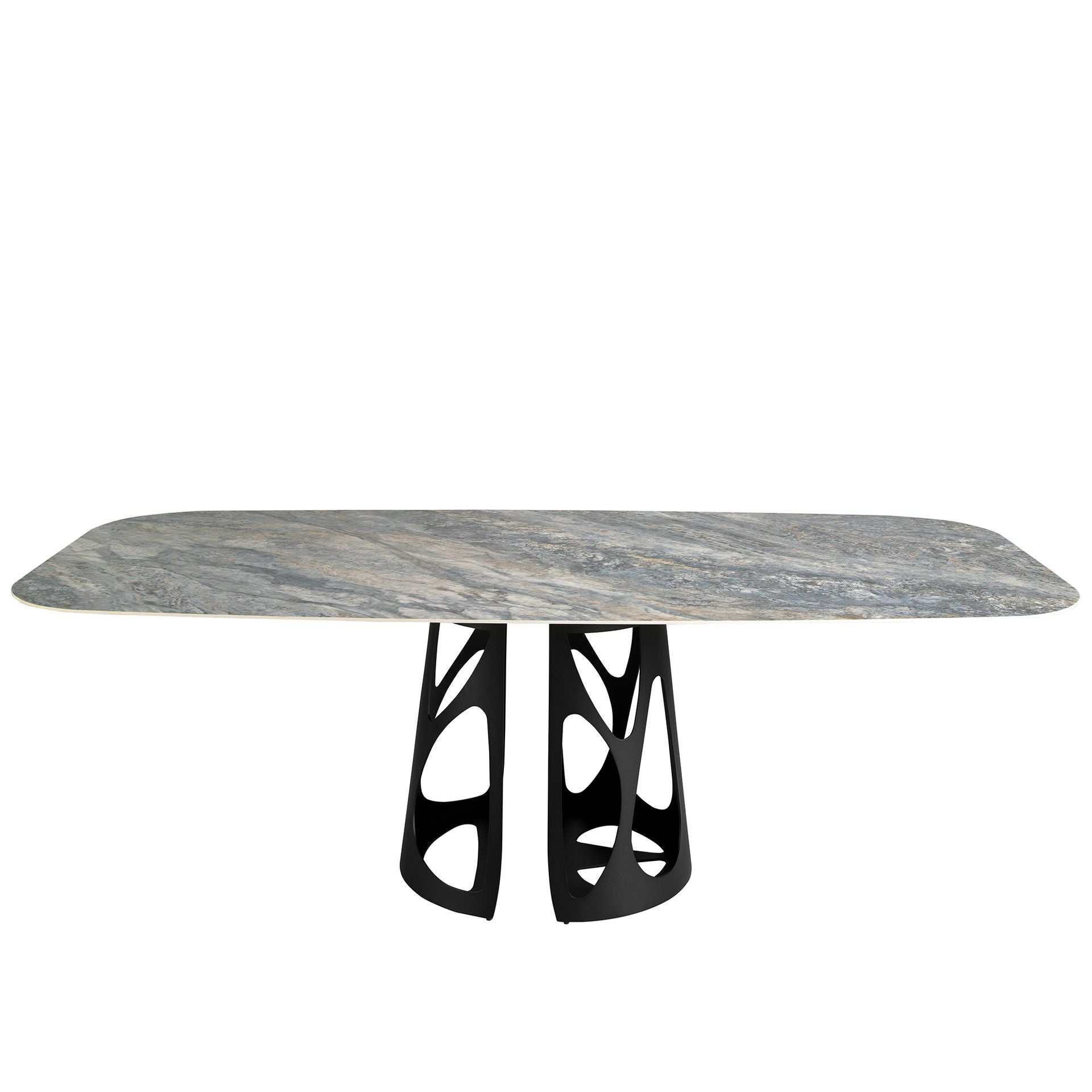 Tavolo da pranzo barile ovale marmo porcellanato e acciaio nero