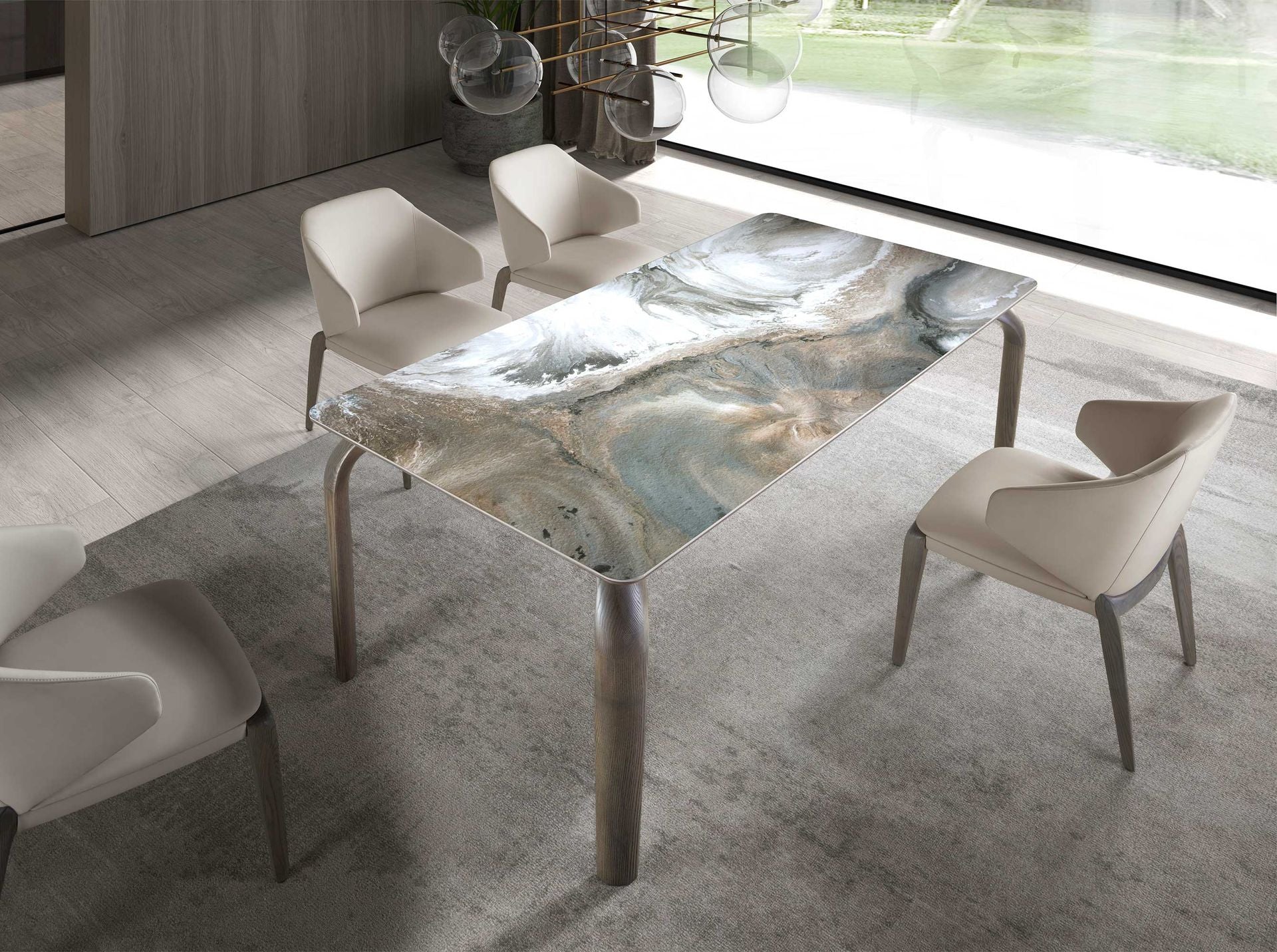 Tavolo da pranzo rettangolare marmo porcellanato e frassino di quercia