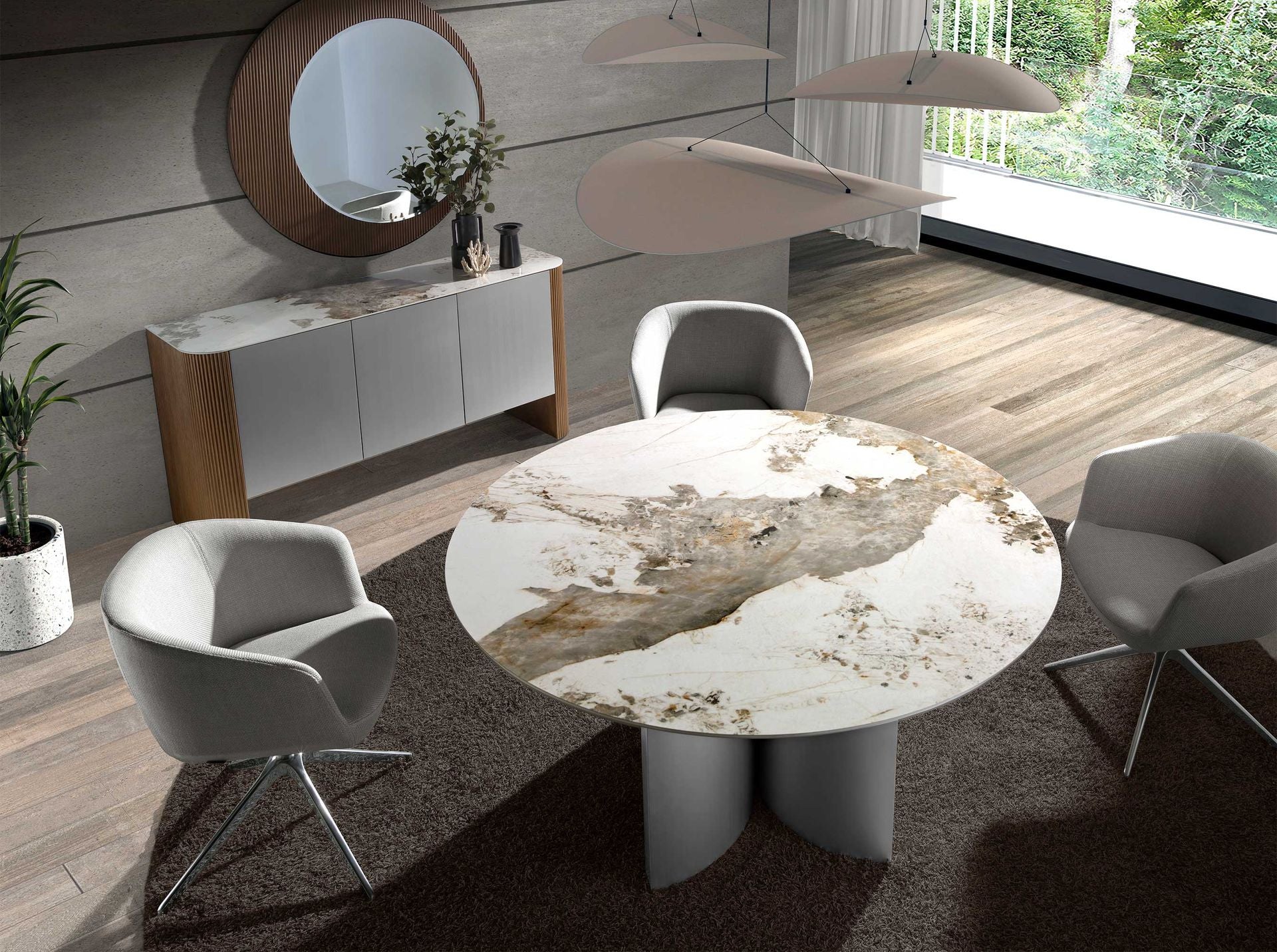 Tavolo da pranzo rotondo in marmo porcellanato, noce e legno argentato
