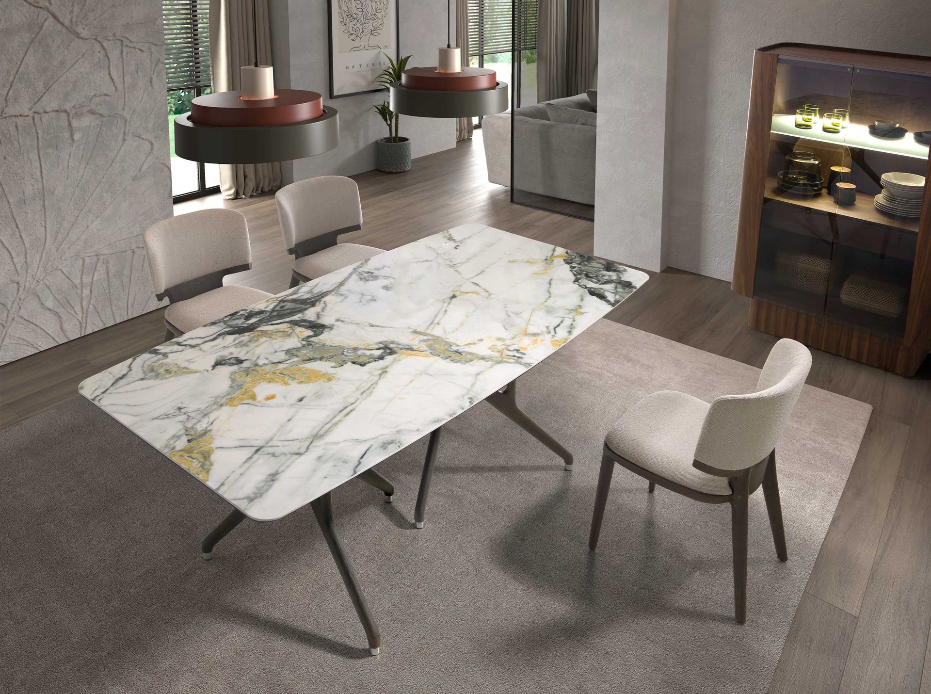 Tavolo da pranzo rettangolare in marmo porcellanato e noce scuro