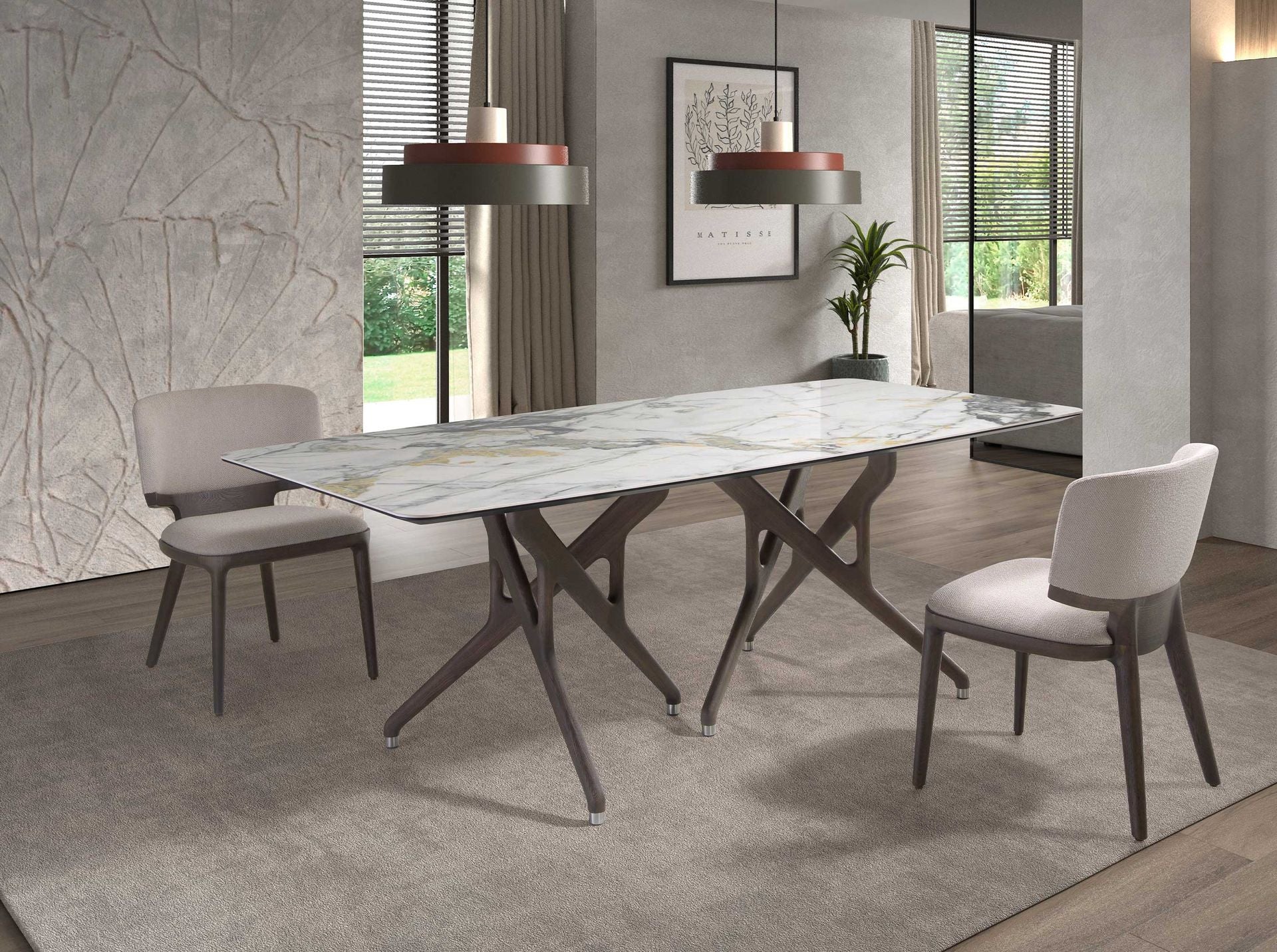 Tavolo da pranzo rettangolare in marmo porcellanato e noce scuro