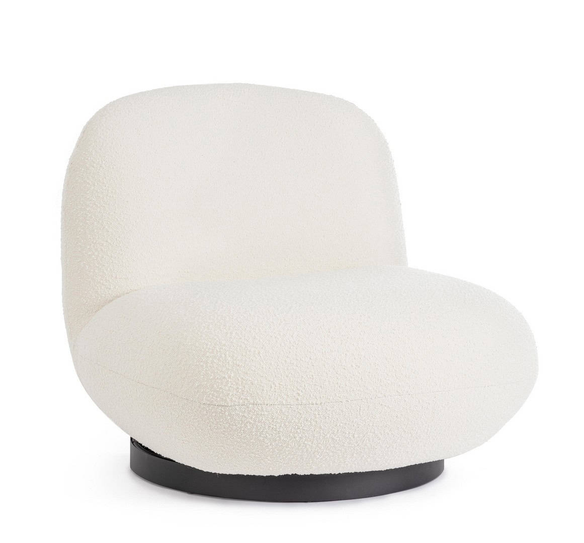 Set Poltrona E Pouf Girevole Kuma – Bouclé Bianco, Design Moderno, 95x68 Cm Con Poggiapiedi 60x30, Base Rotante