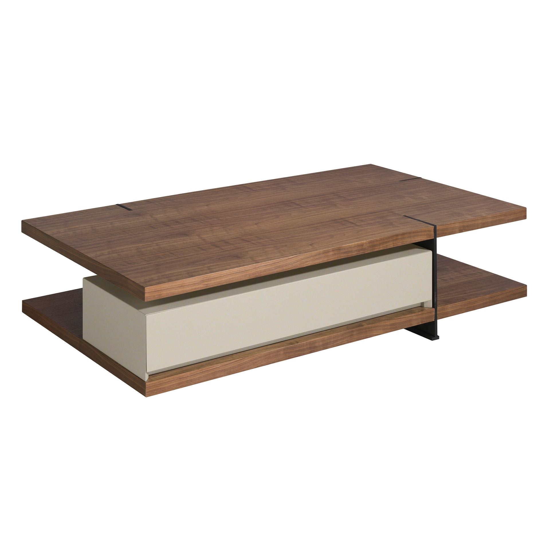 Tavolino rettangolare in noce, legno beige e acciaio nero