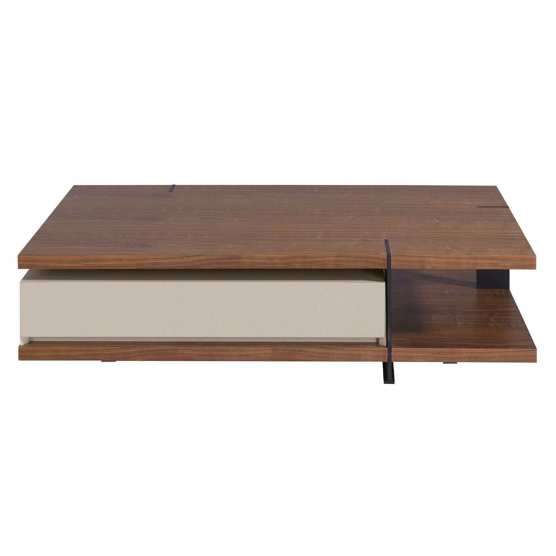 Tavolino rettangolare in noce, legno beige e acciaio nero