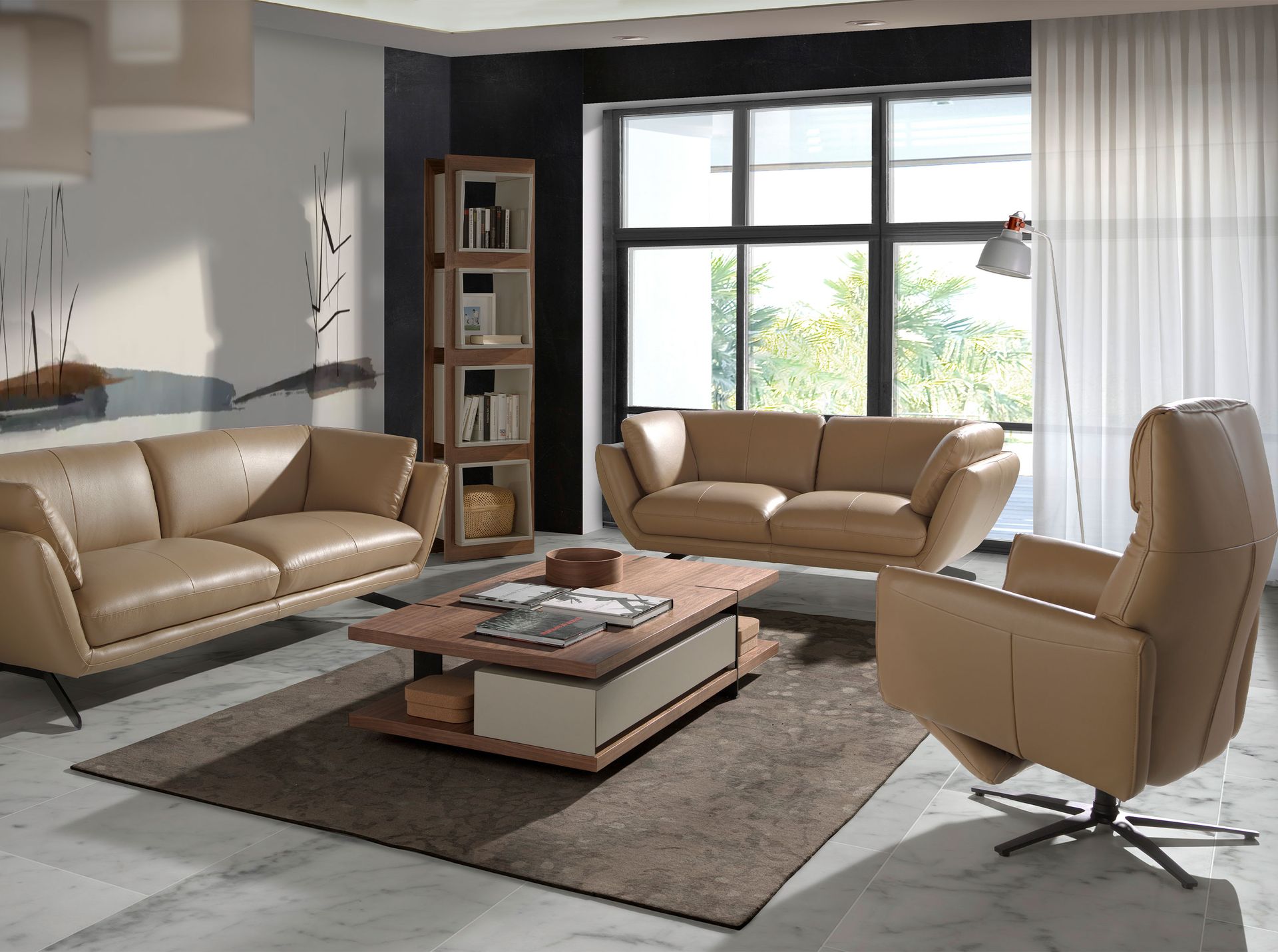 Tavolino rettangolare in noce, legno beige e acciaio nero