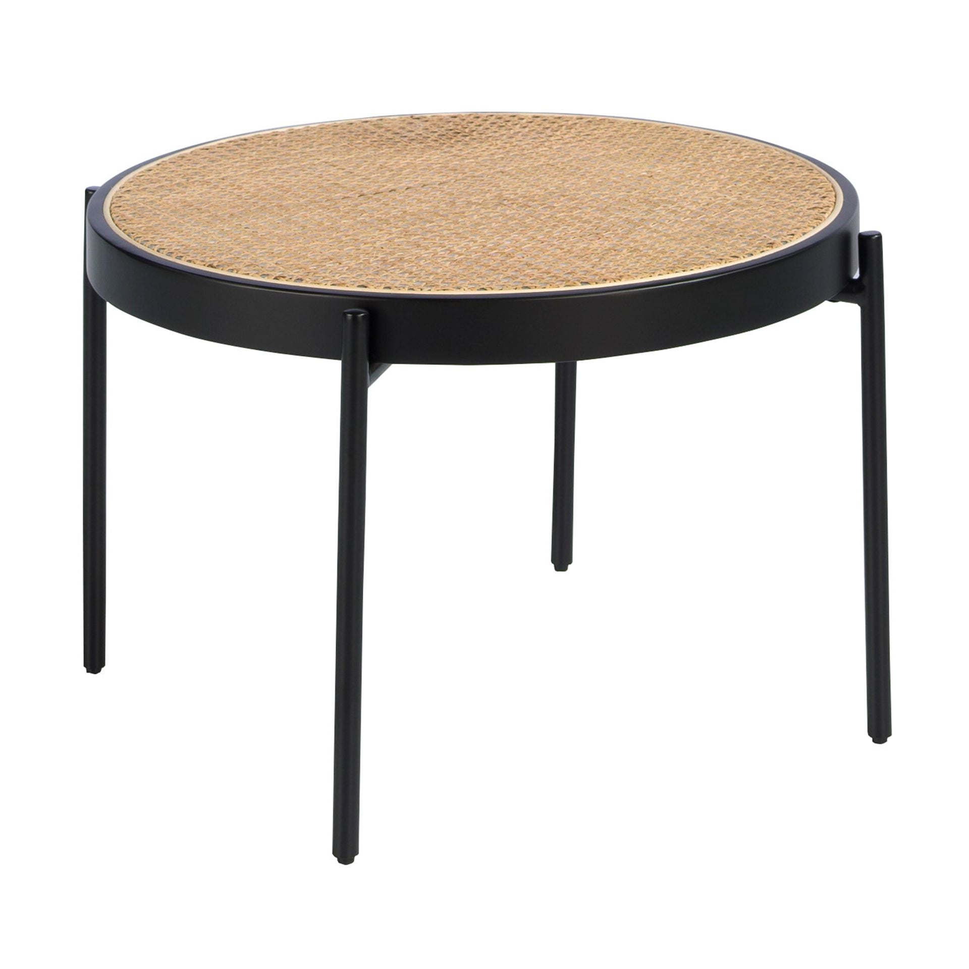 Tavolino rotondo in rattan, legno nero e acciaio nero