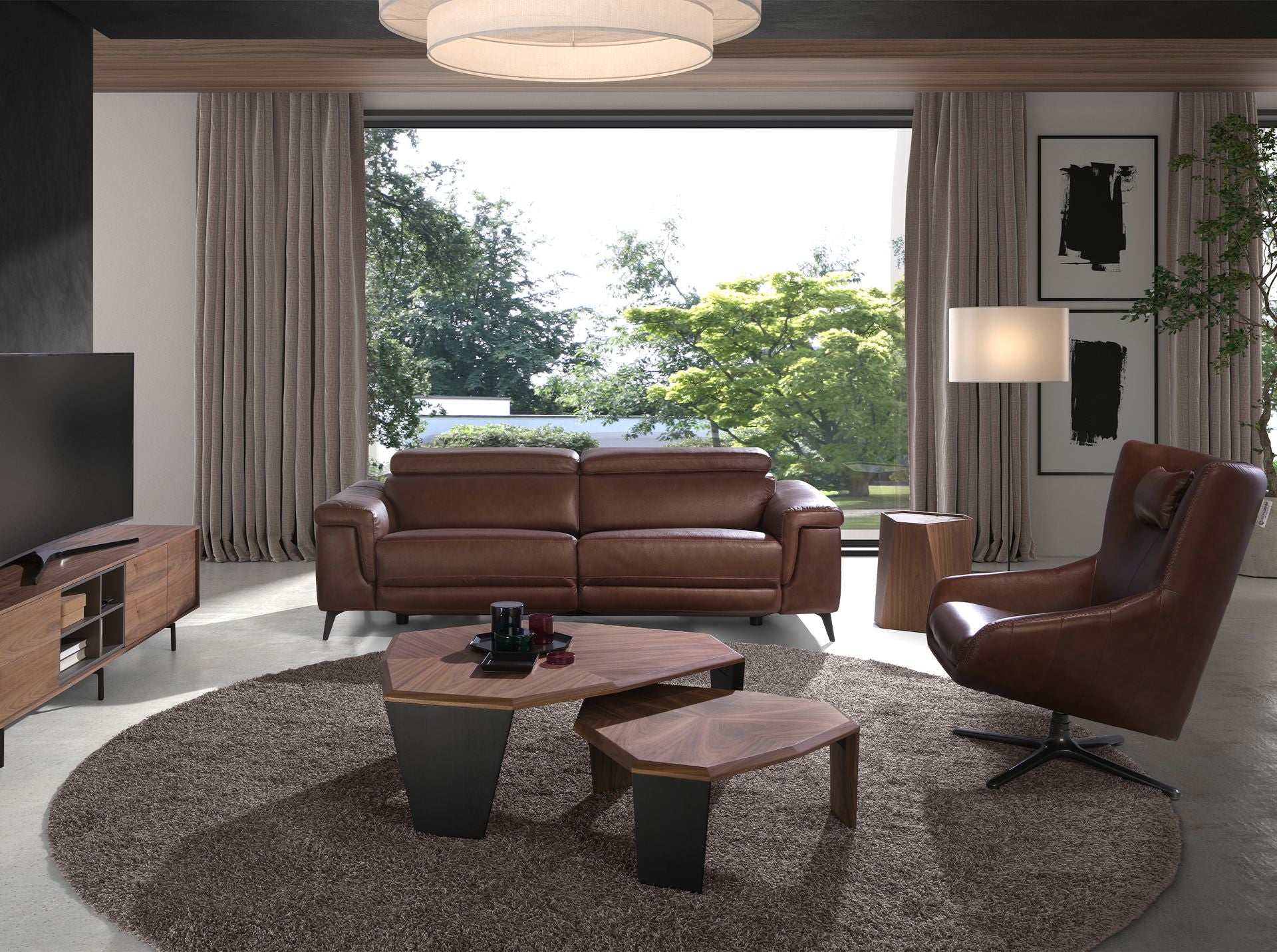 Tavolino asimmetrico in noce e pvc nero