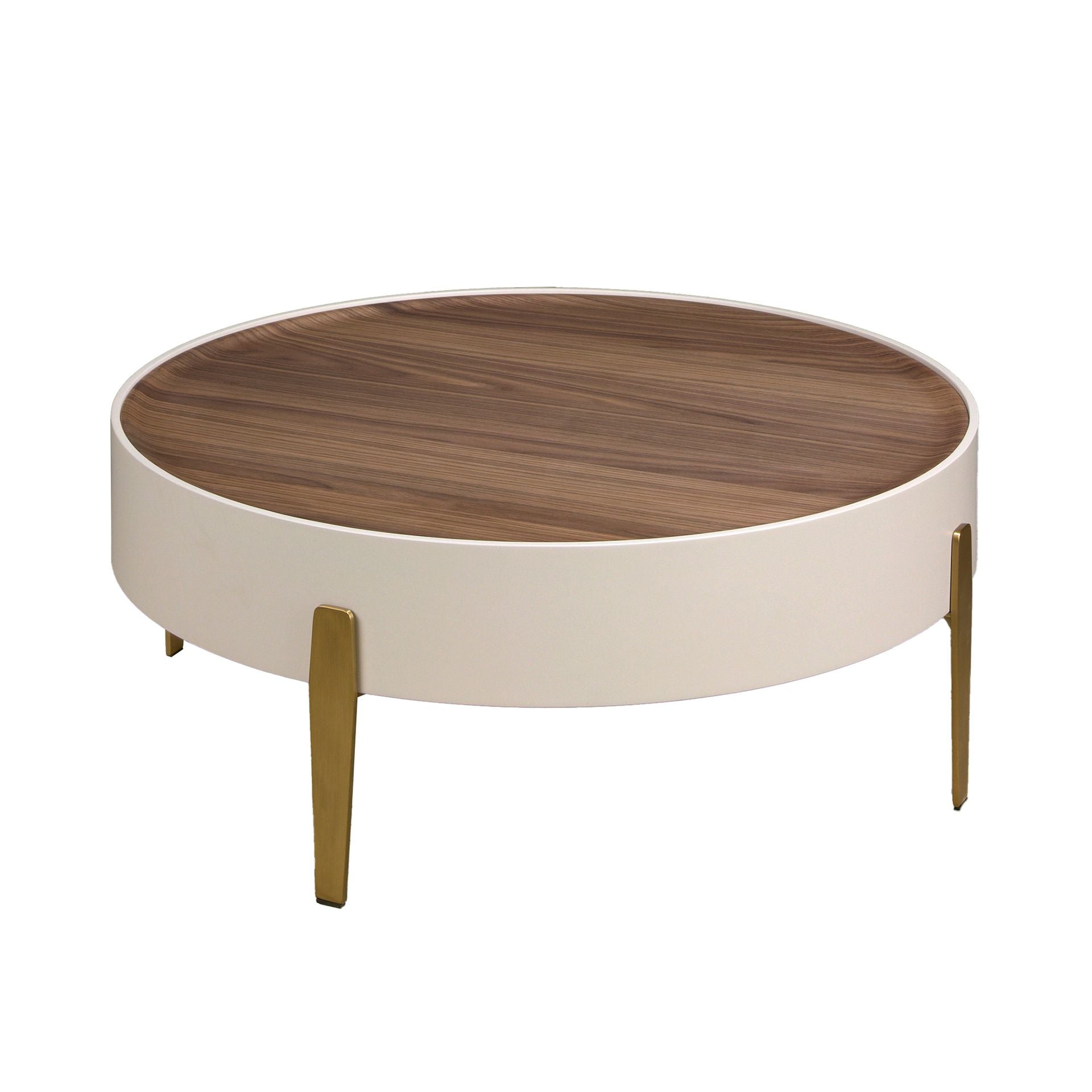 Tavolino rotondo in noce, legno beige e acciaio dorato lucido