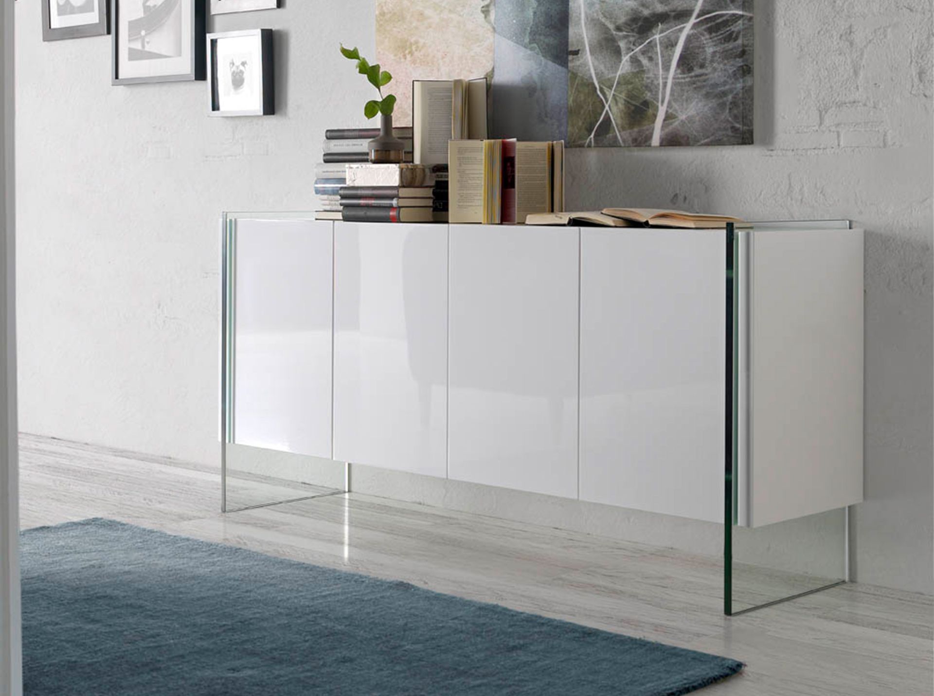 Credenza legno bianco e vetro temperato