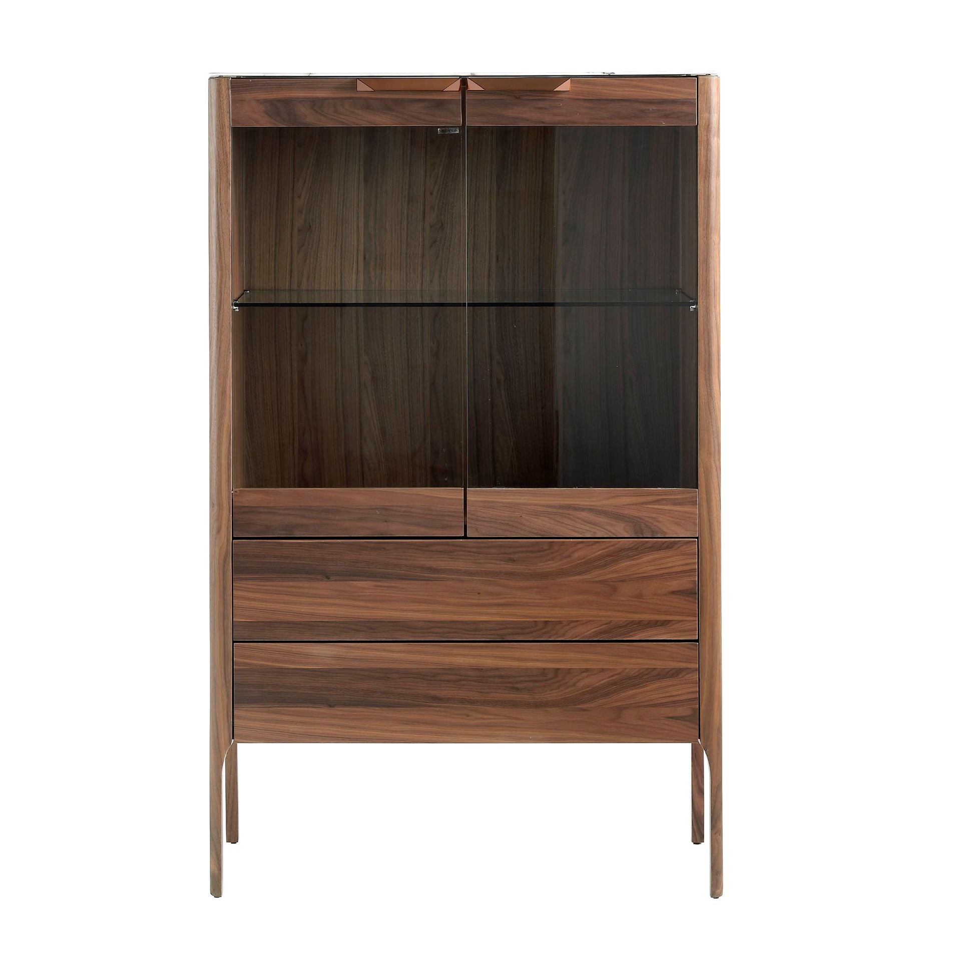 Credenza alta in noce con piano in vetro finto marmo e illuminazione interna