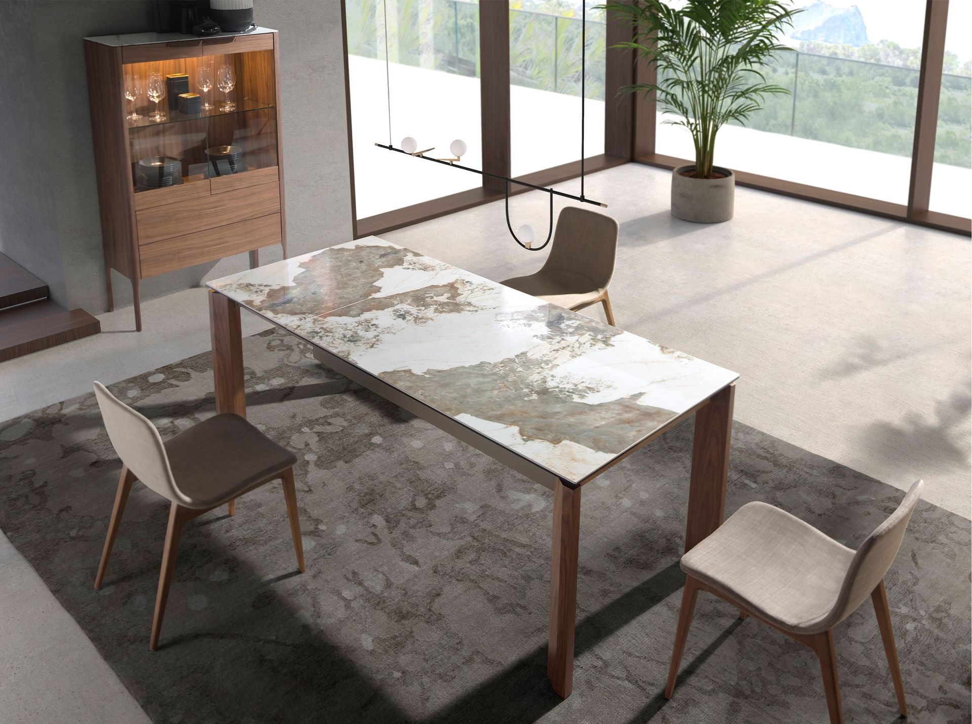 Credenza alta in noce con piano in vetro finto marmo e illuminazione interna