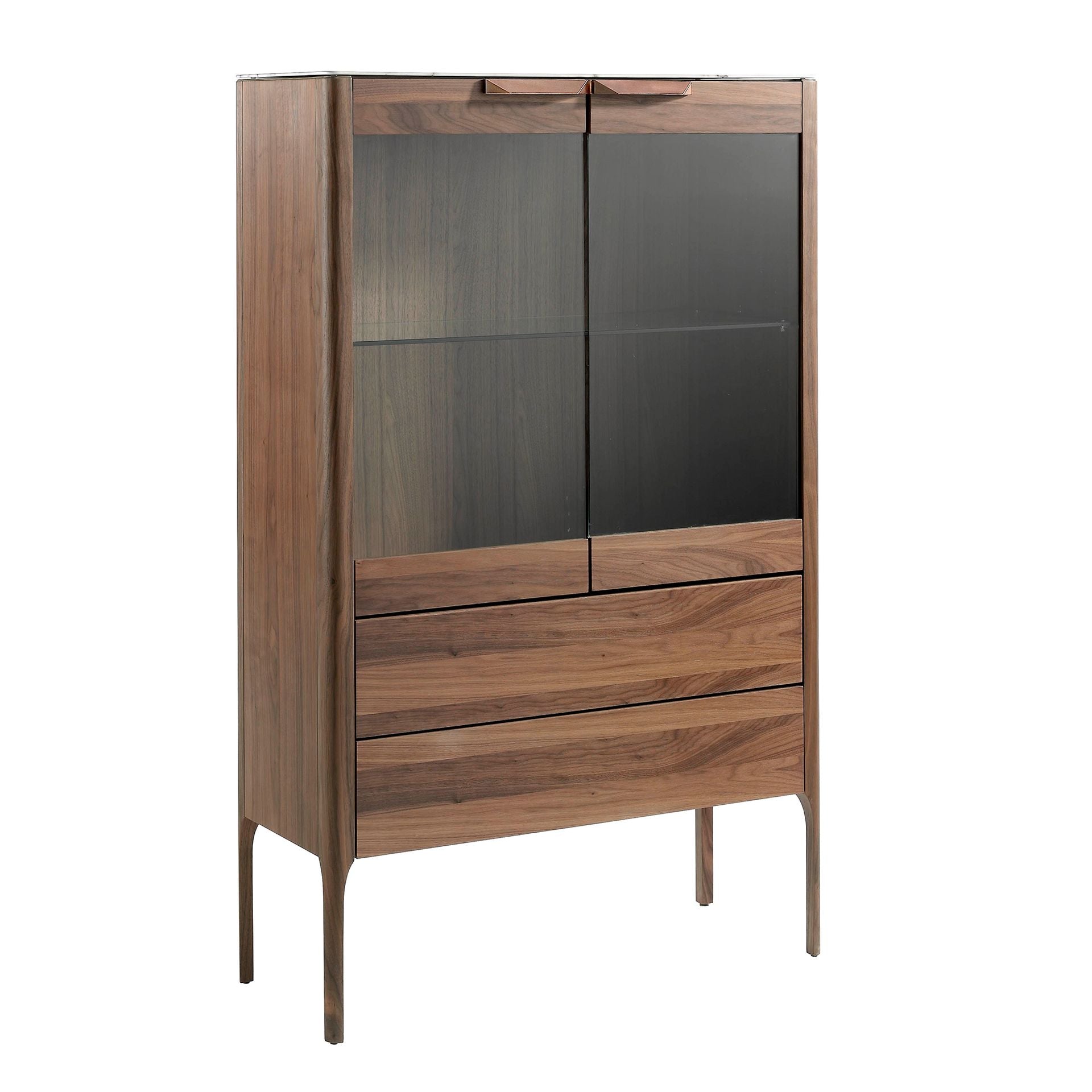 Credenza alta in noce con piano in vetro finto marmo e illuminazione interna