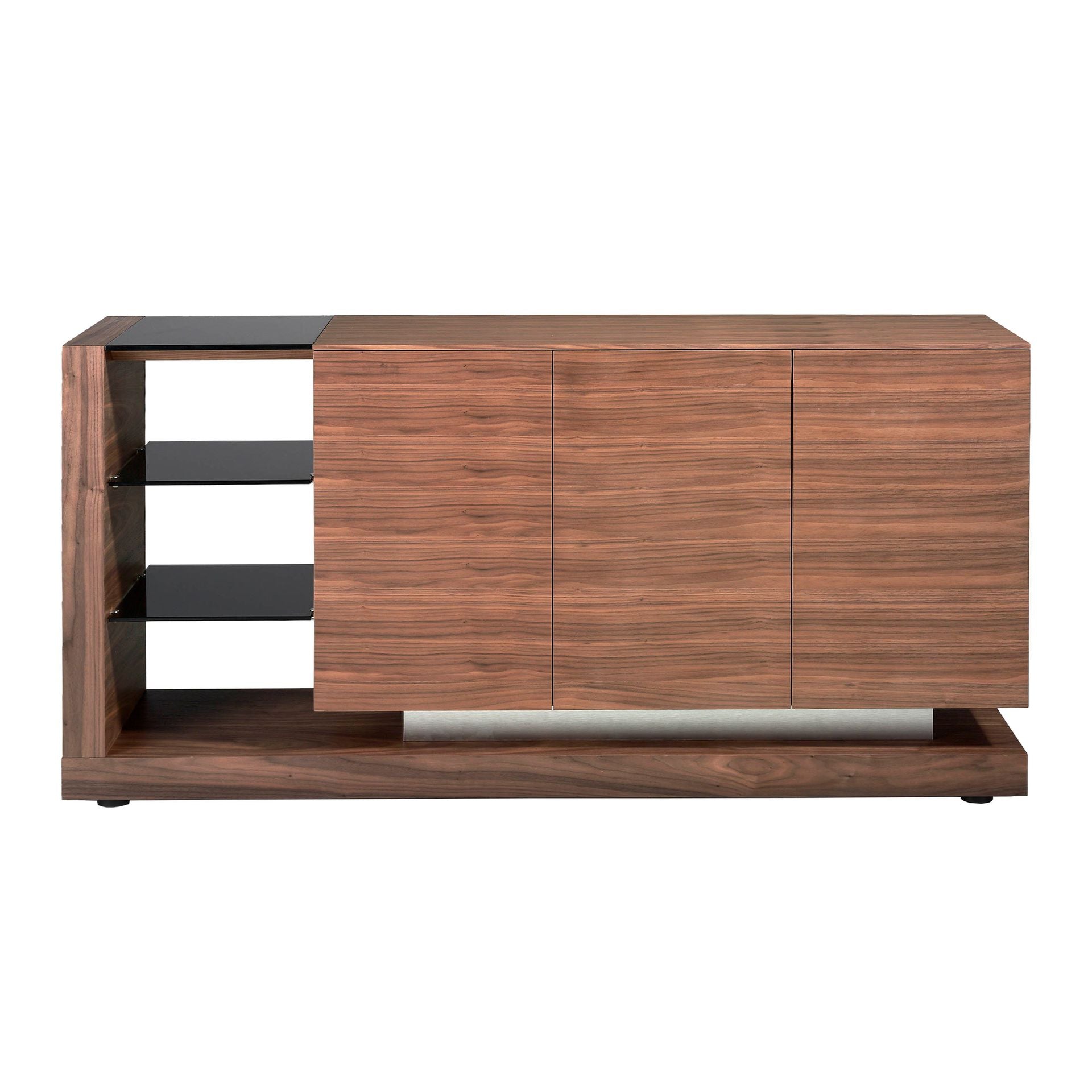 Credenza noce, acciaio spazzolato e piano in vetro nero