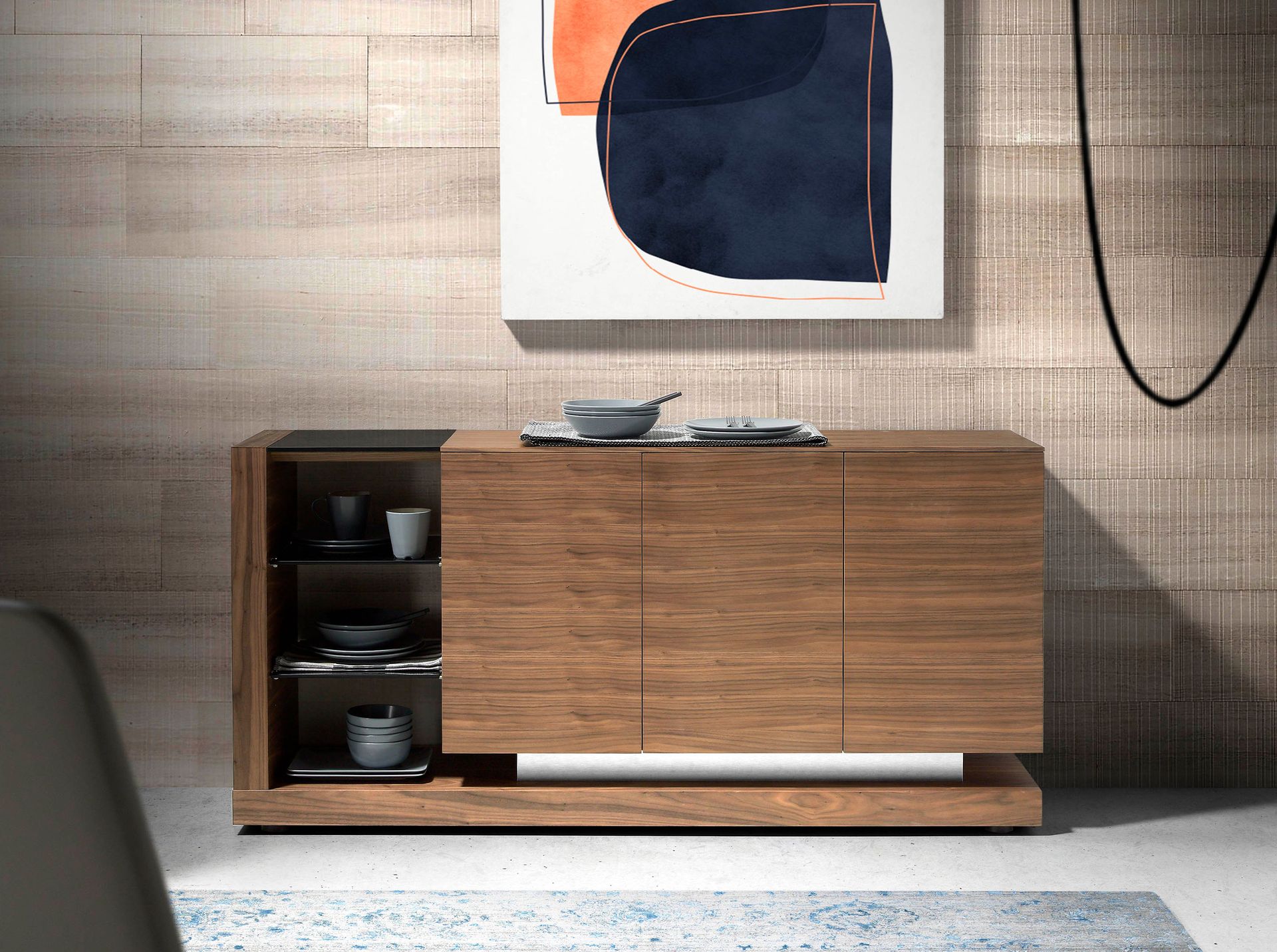 Credenza noce, acciaio spazzolato e piano in vetro nero