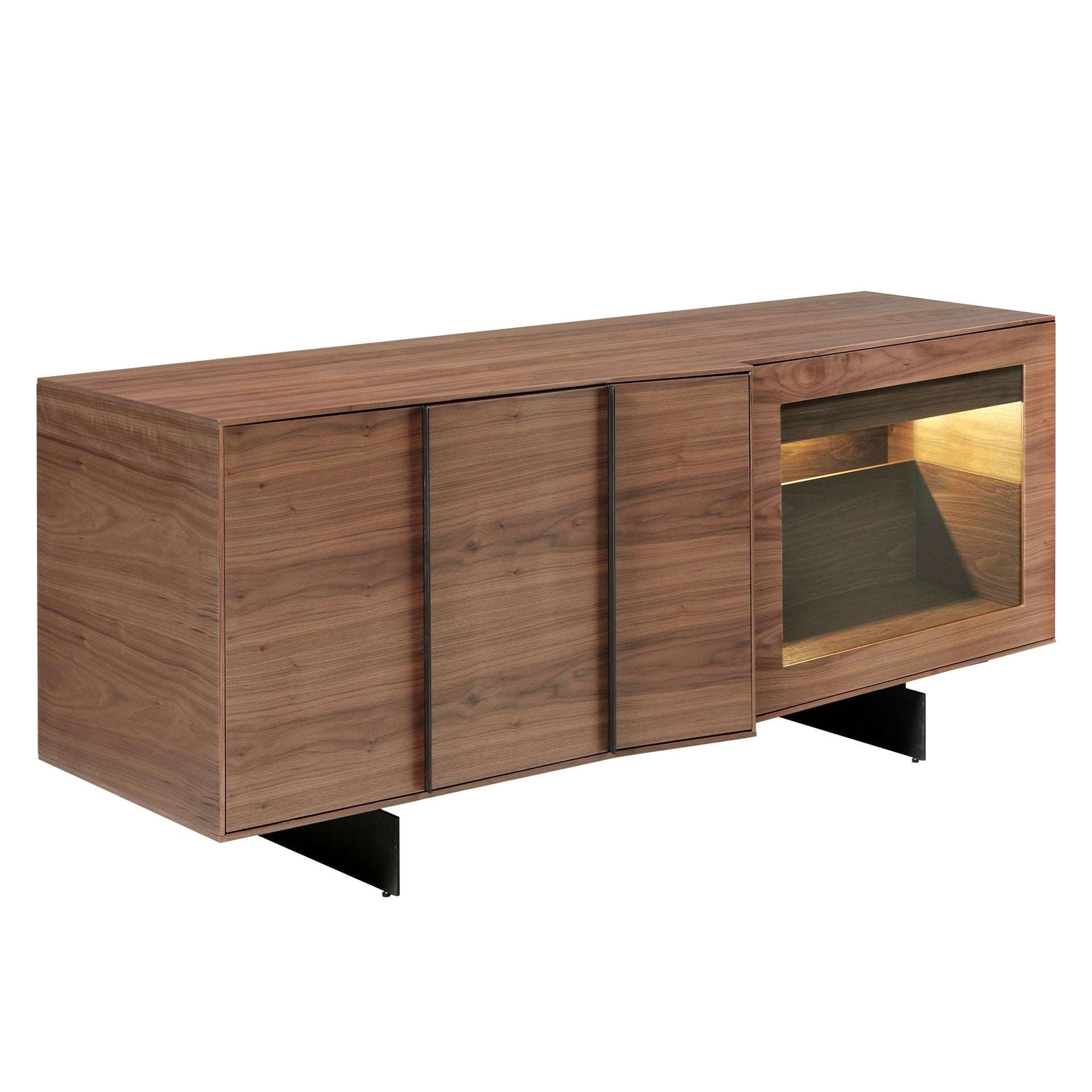 Credenza in noce e acciaio nero con illuminazione interna