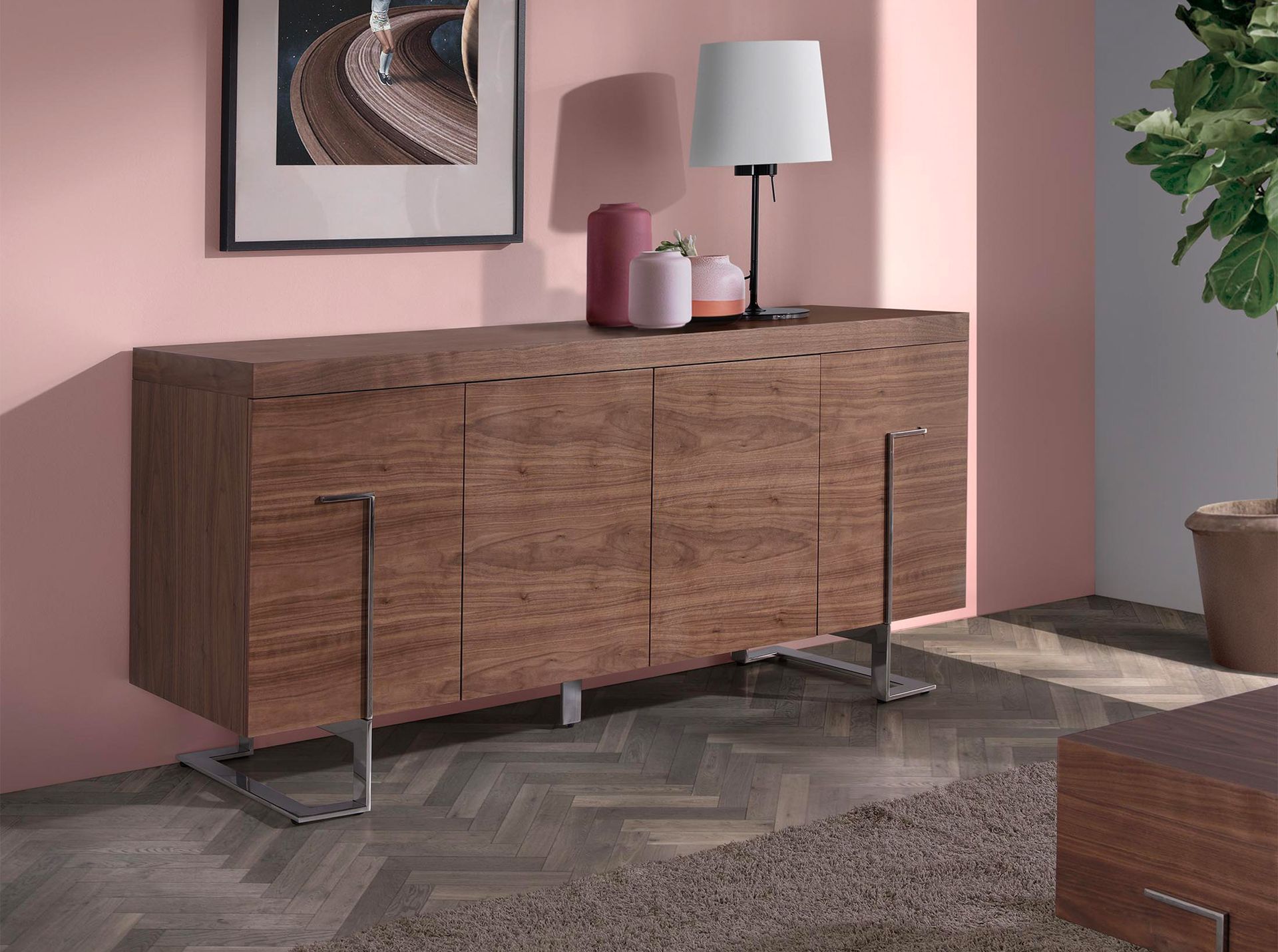 Credenza in noce e acciaio cromato
