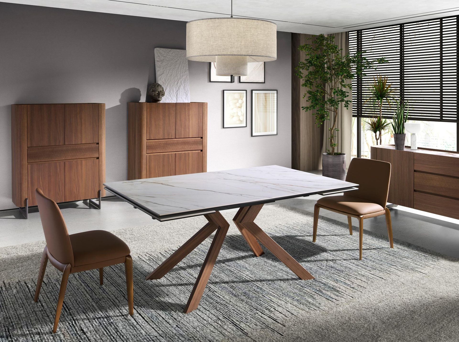 Credenza alta in noce e acciaio scuro metallizzato