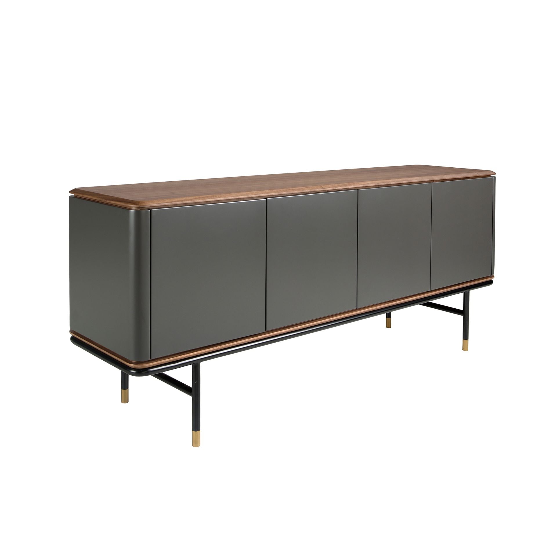 Credenza in legno grigio scuro, acciaio nero e piano in noce