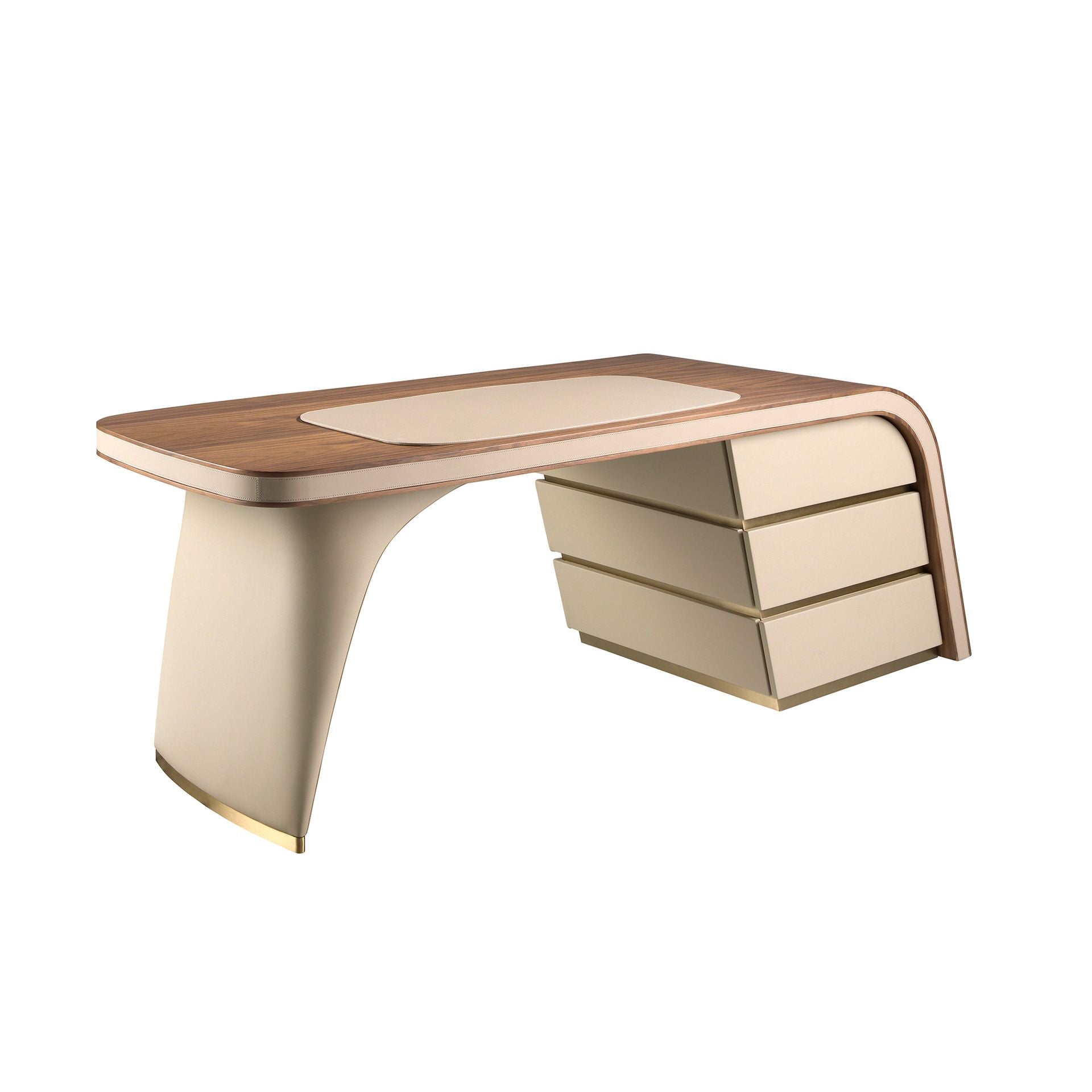Scrivania in noce e legno rivestita in similpelle crema