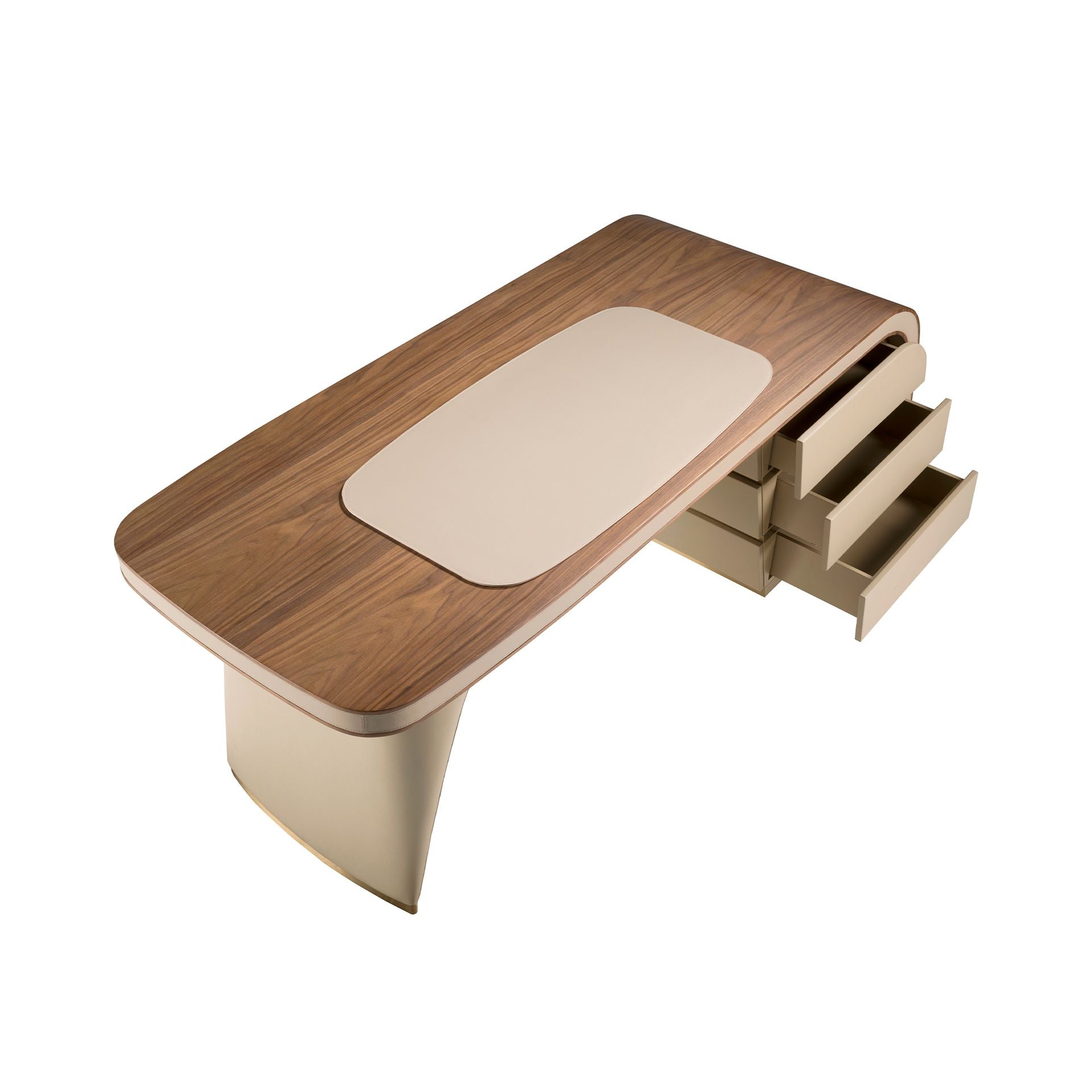 Scrivania in noce e legno rivestita in similpelle crema
