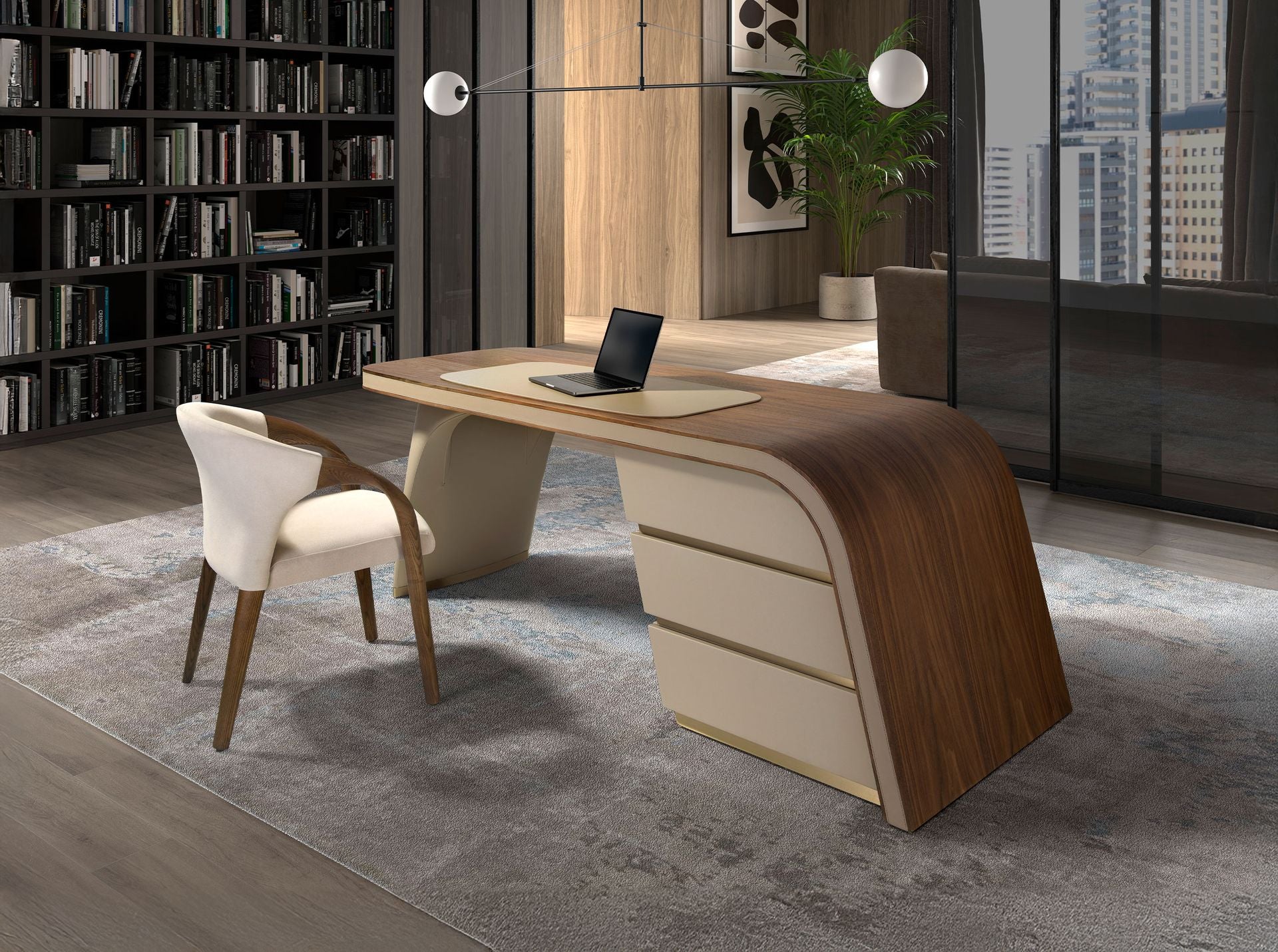 Scrivania in noce e legno rivestita in similpelle crema