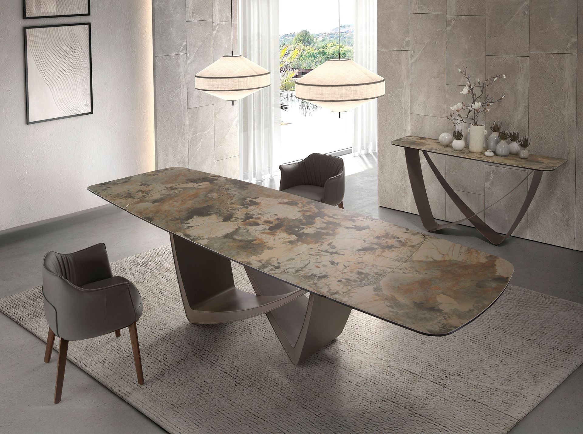 Consolle rettangolare in marmo porcellanato e acciaio metallizzato color tortora