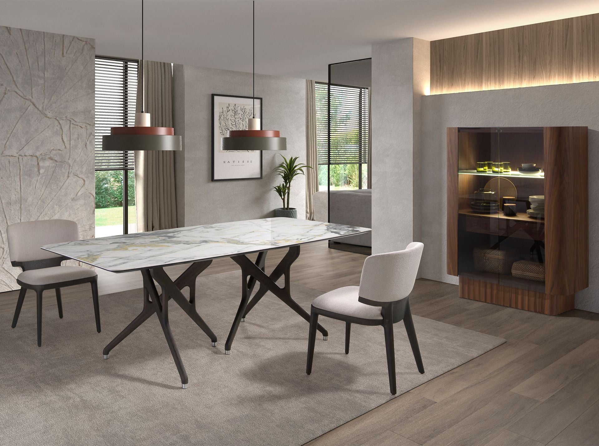 Credenza alta in vetro temperato, noce con illuminazione interna