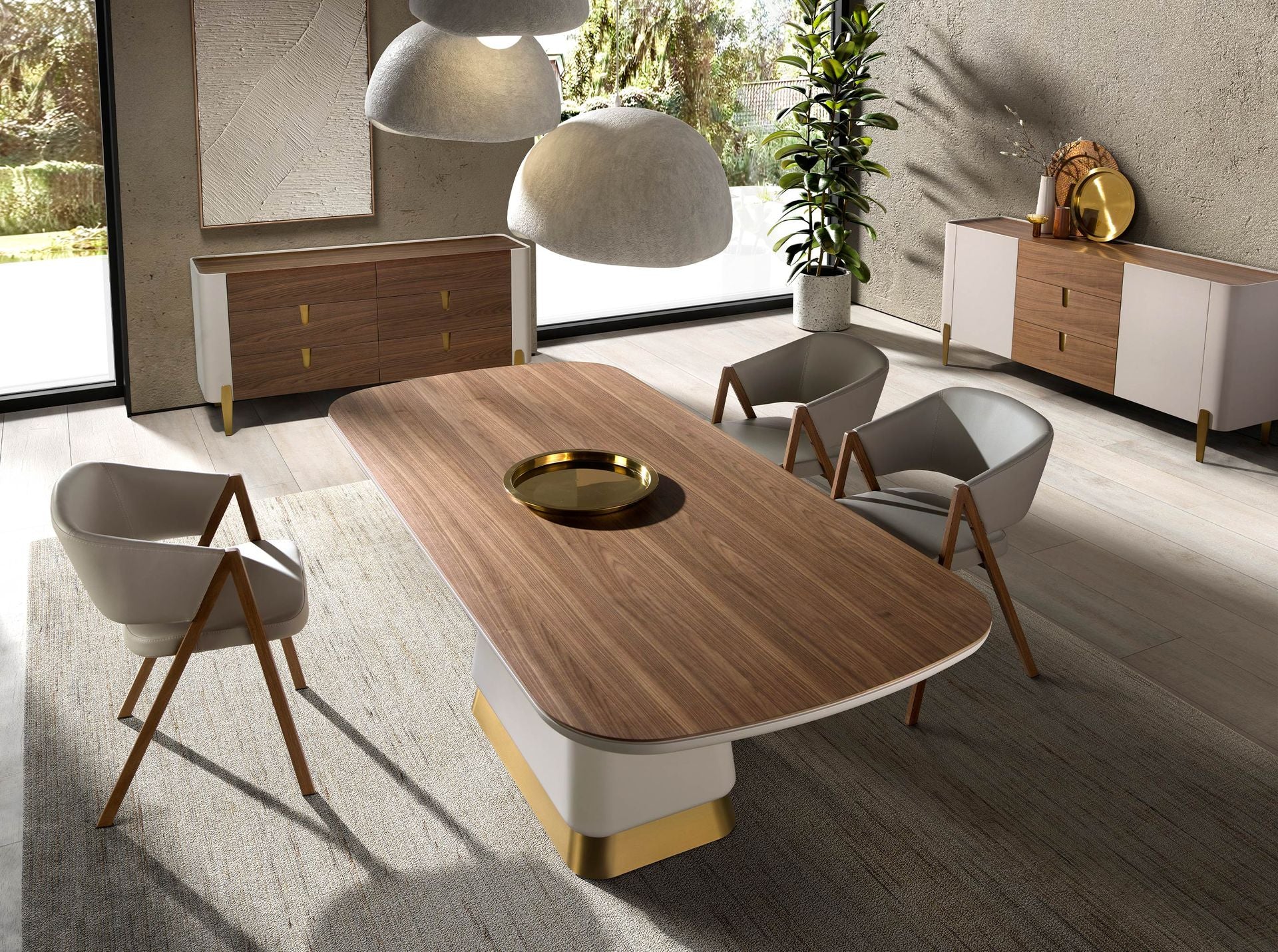 Credenza in noce, beige, acciaio lucido dorato e piano in noce