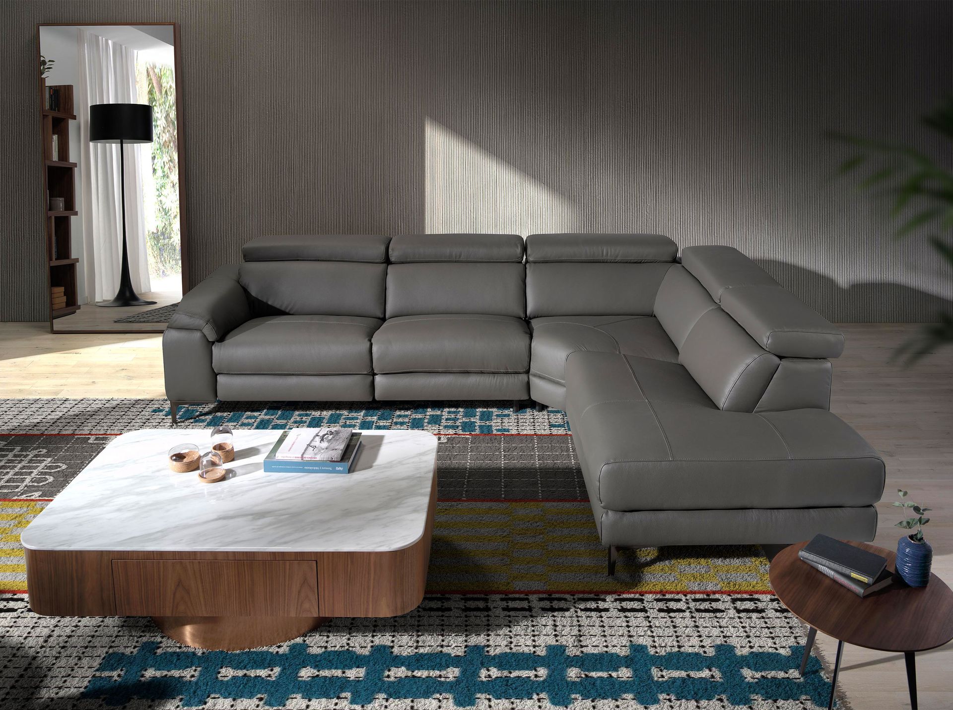 Divano relax con chaise longue destra in pelle grigio scuro
