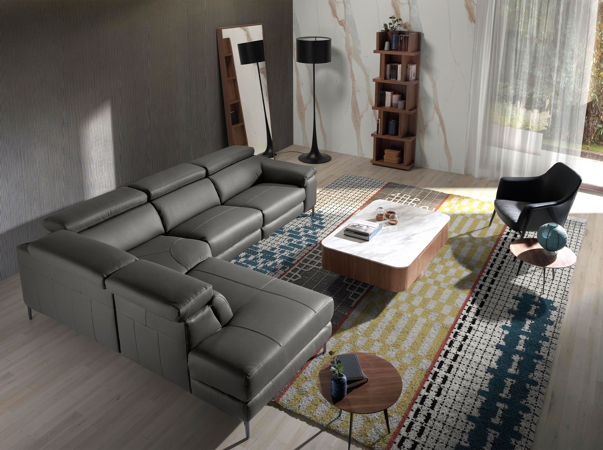 Divano relax con chaise longue sinistra in pelle grigio scuro