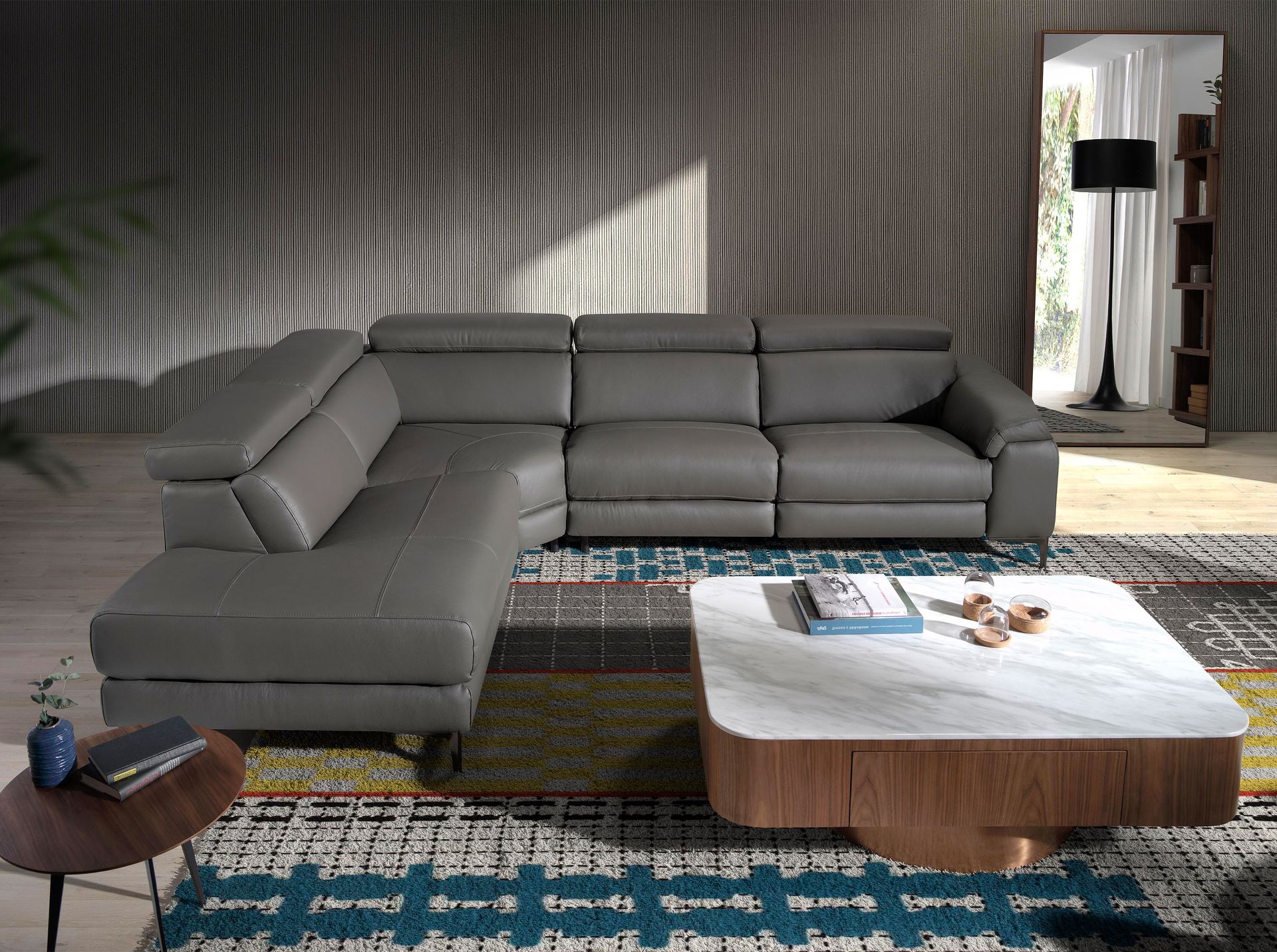 Divano relax con chaise longue sinistra in pelle grigio scuro