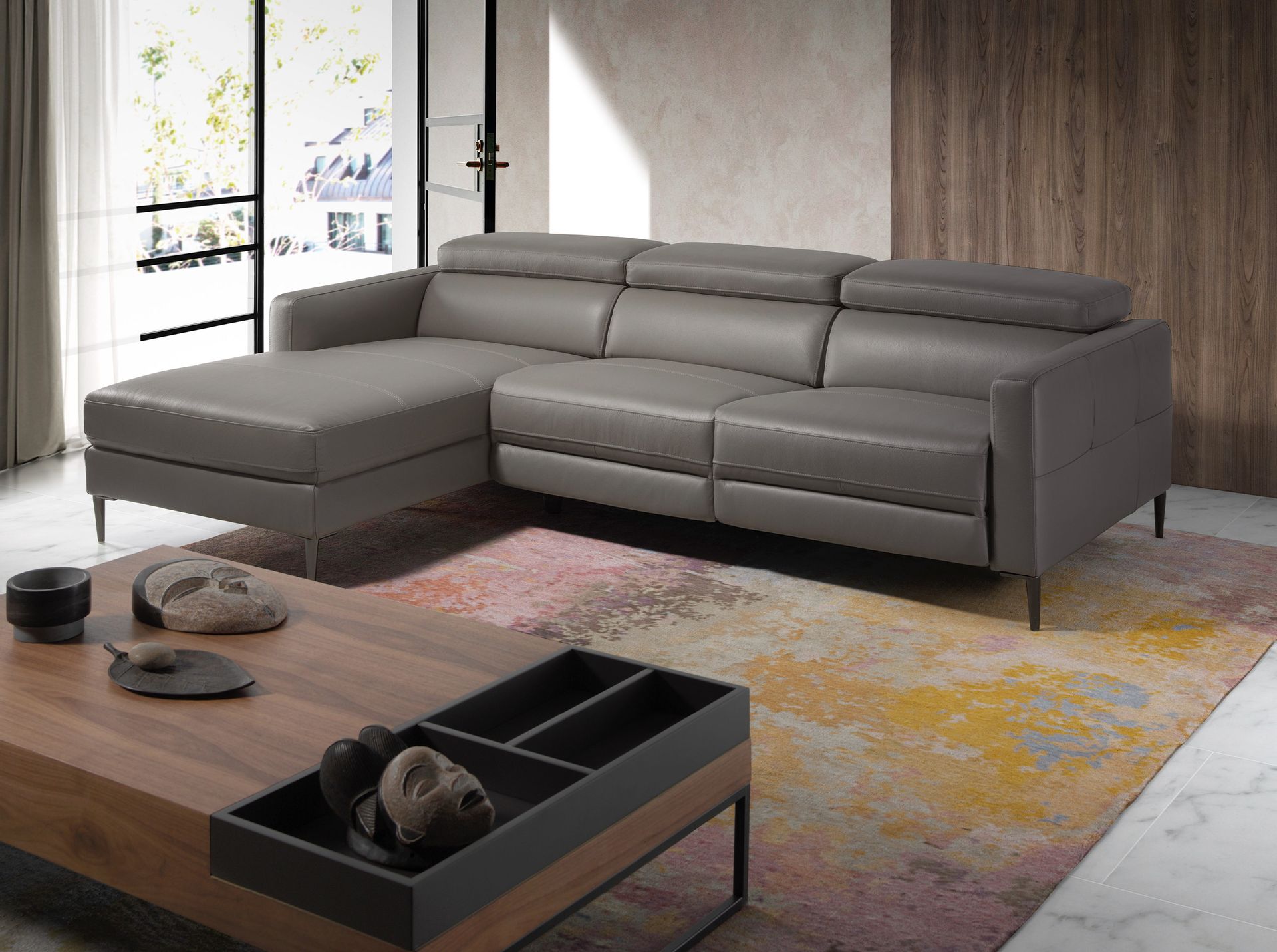 Divano relax con chaise longue a sinistra in pelle grigio scuro