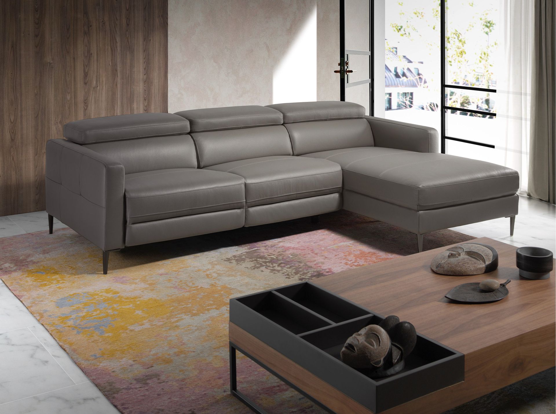 Divano relax chaise longue destro in pelle grigio scuro