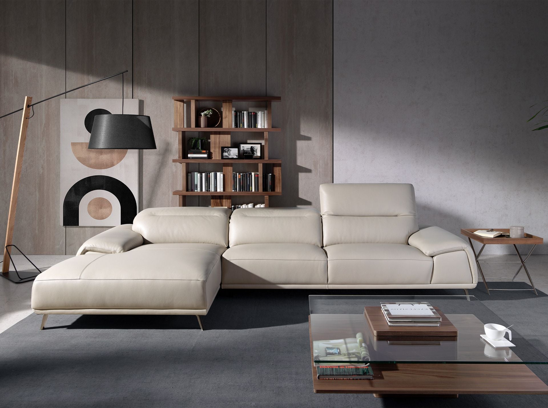 Divano chaise longue sinistro in pelle grigio tortora