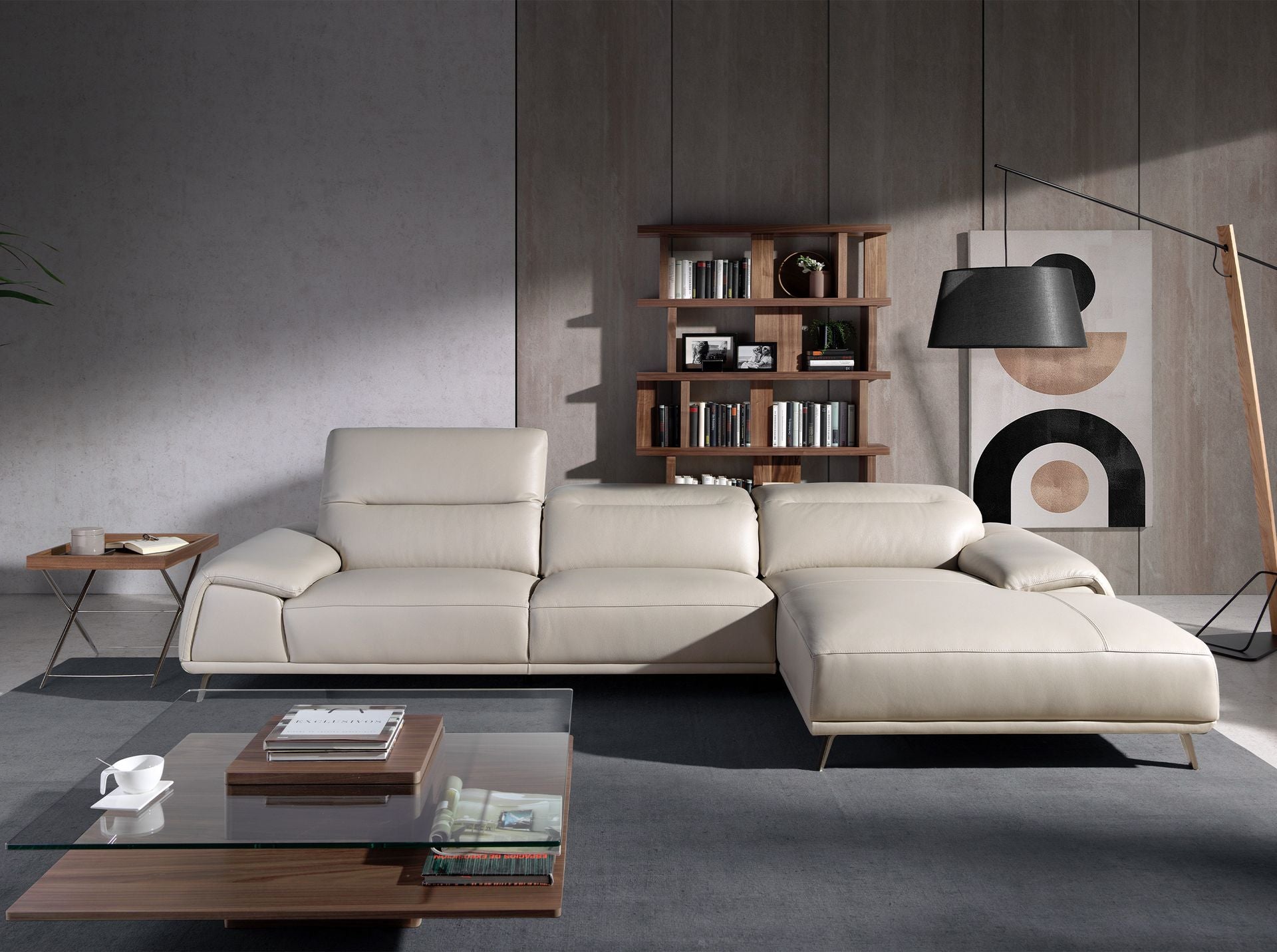 Divano chaise longue destro in pelle grigio tortora