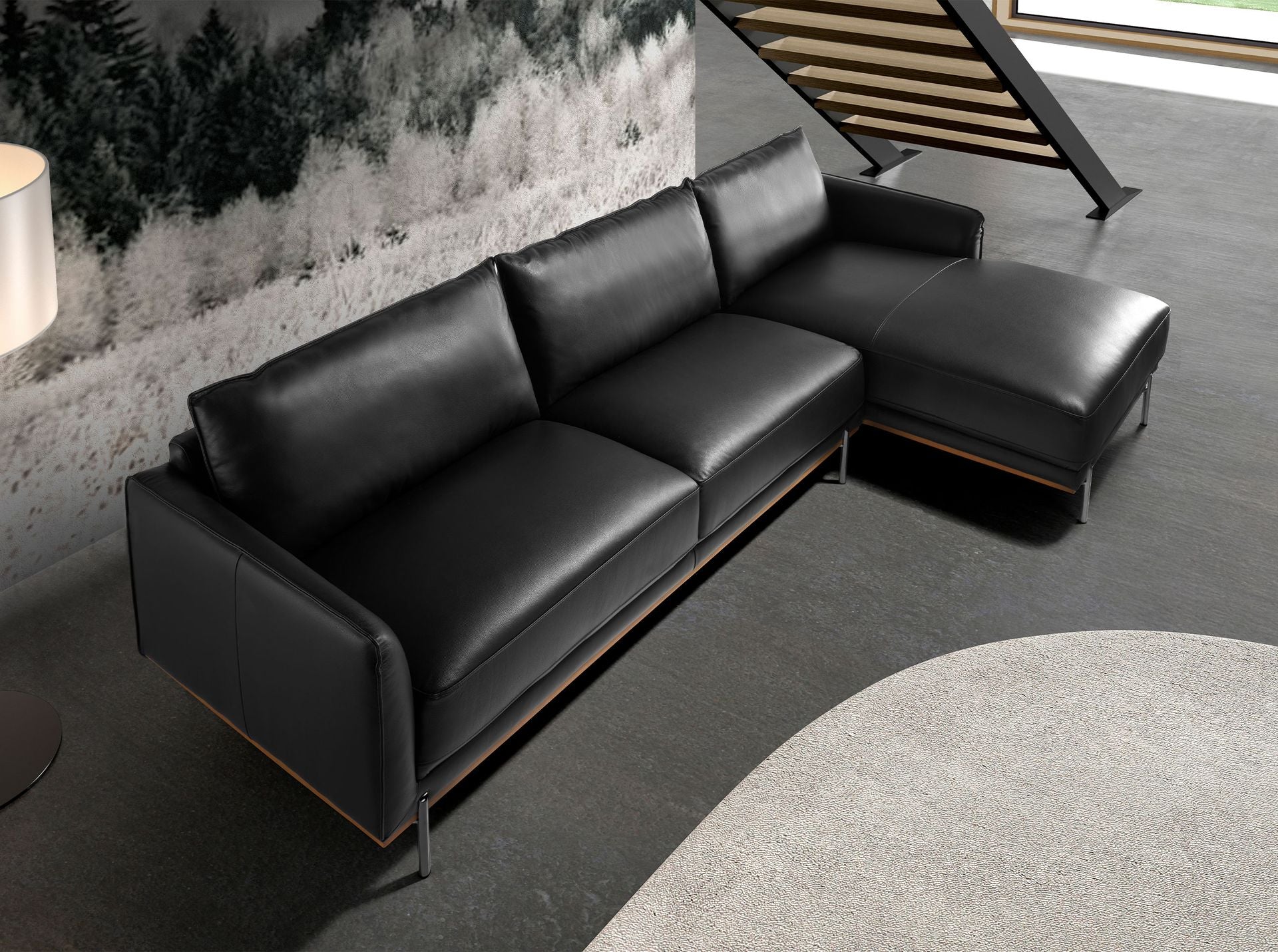 Divano chaise longue destro in pelle nera