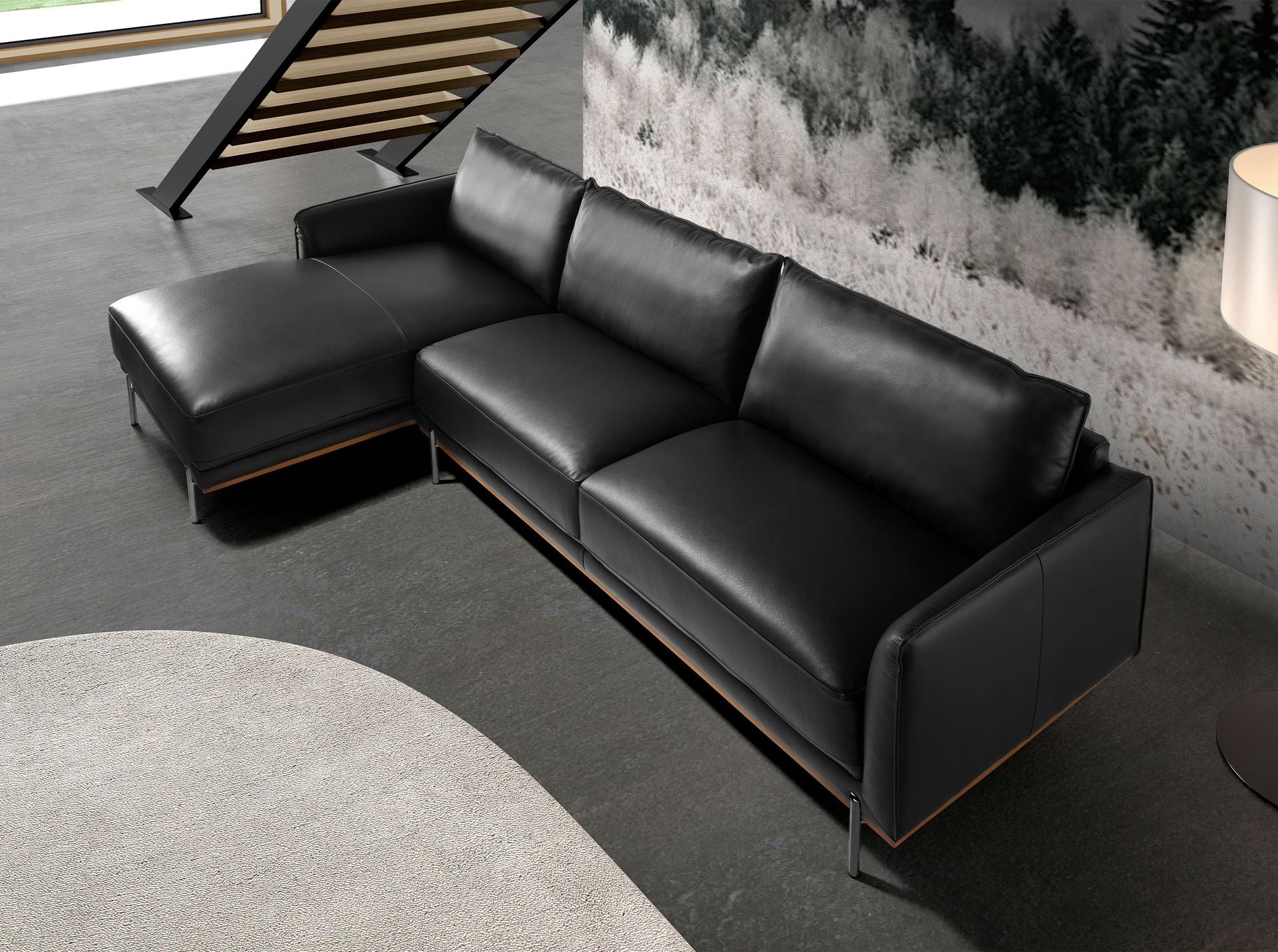 Divano chaise longue sinistro in pelle nera