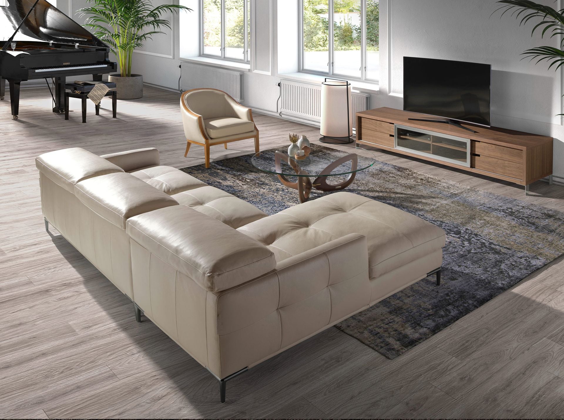 Divano chaise longue sinistro in pelle sabbia