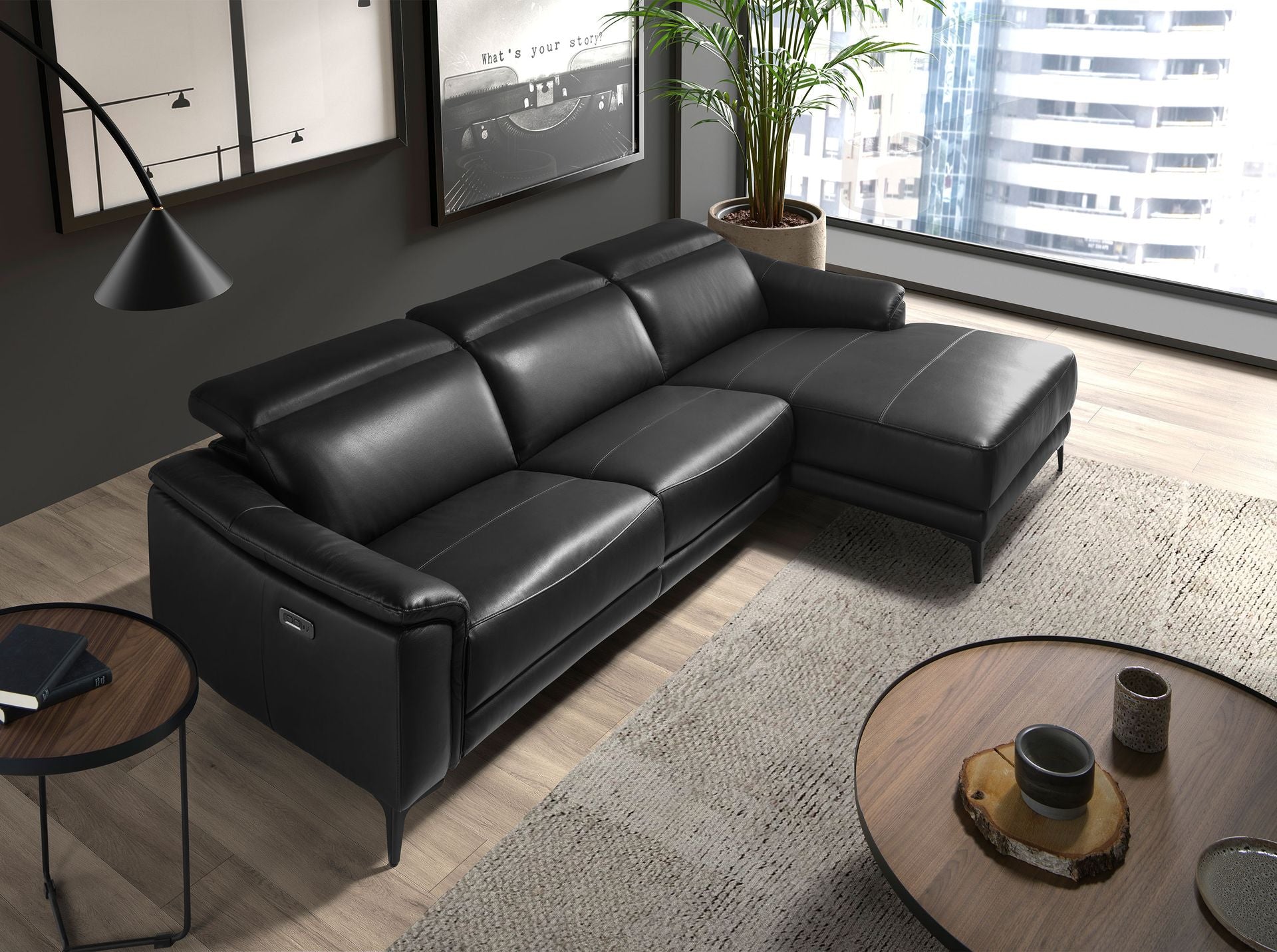 Divano relax con chaise longue destro in pelle nera