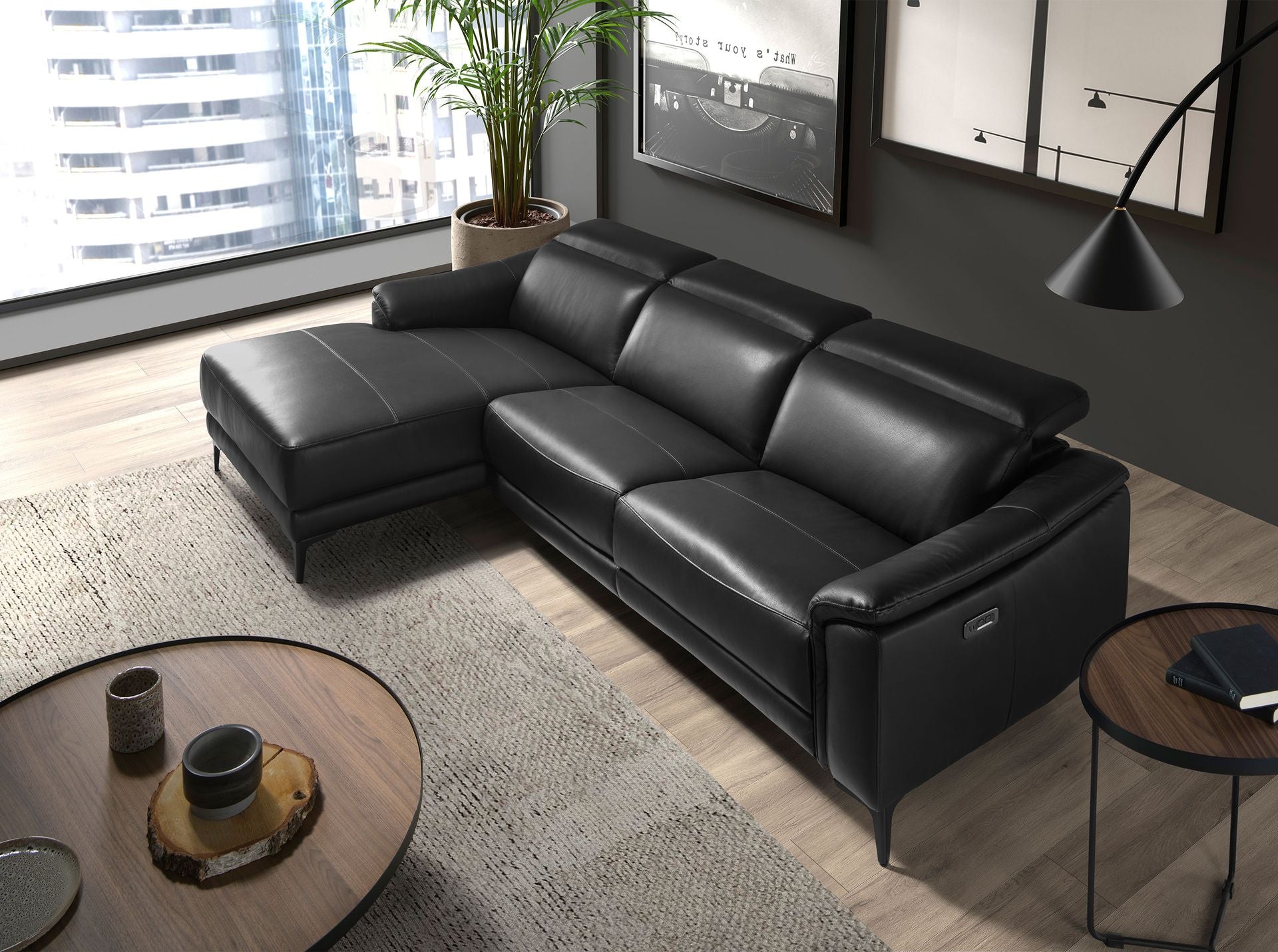Divano relax con chaise longue sinistra in pelle nera