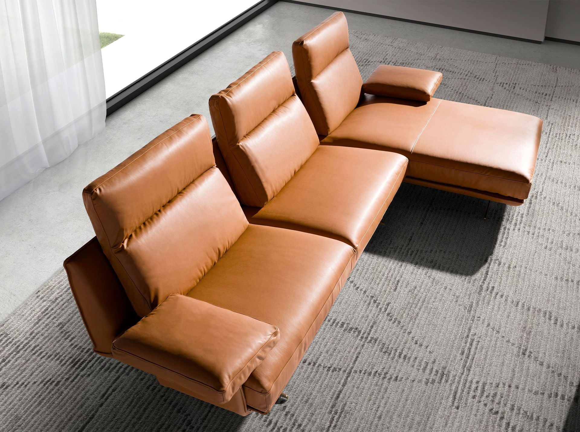Divano chaise longue destro in pelle marrone terracotta