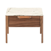 Comodino in noce con piano in vetro finto marmo e illuminazione interna