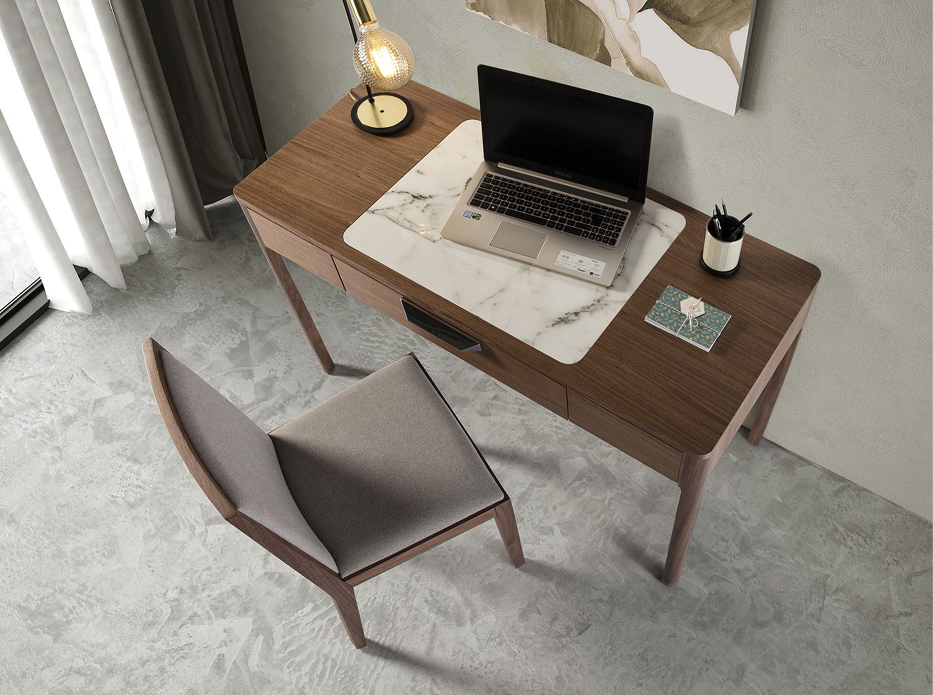 Comodino in noce con piano in vetro effetto marmo bianco e grigio lucido