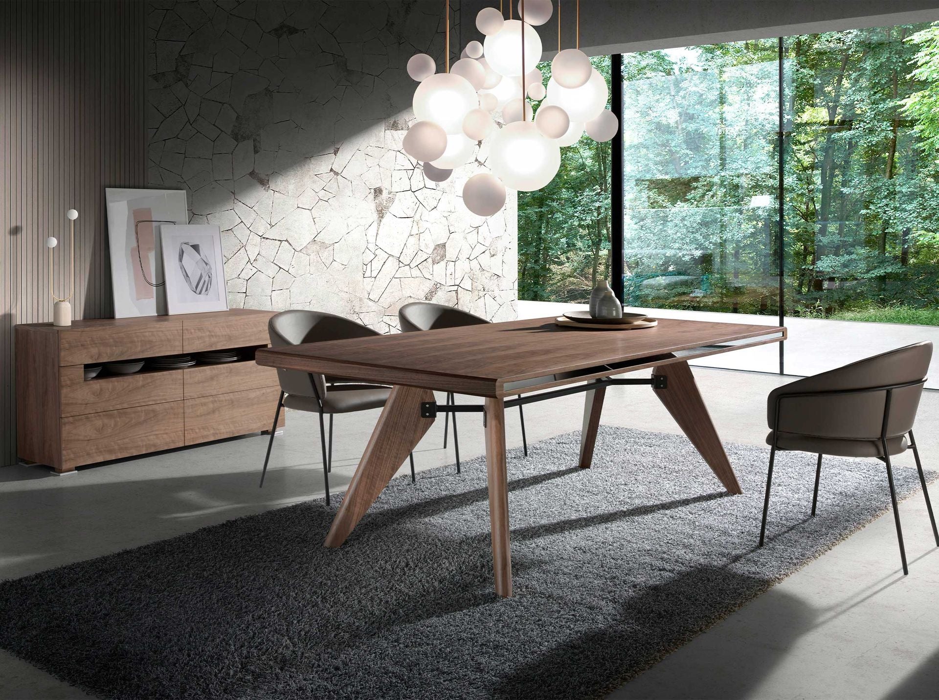 Credenza in noce e acciaio lucido con illuminazione interna