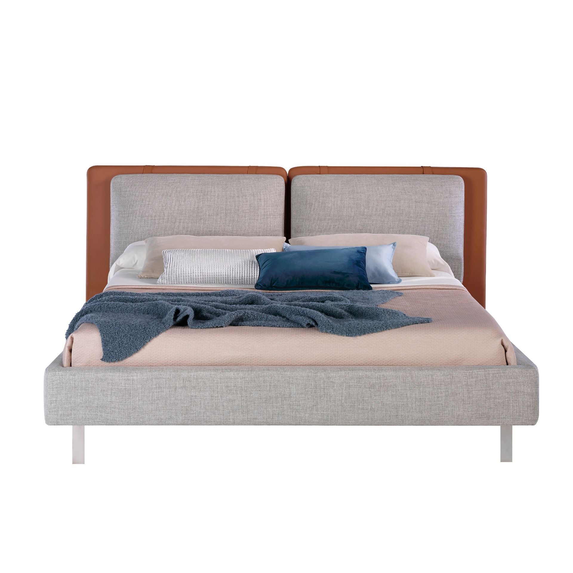 Letto in ecopelle marrone e tessuto grigio