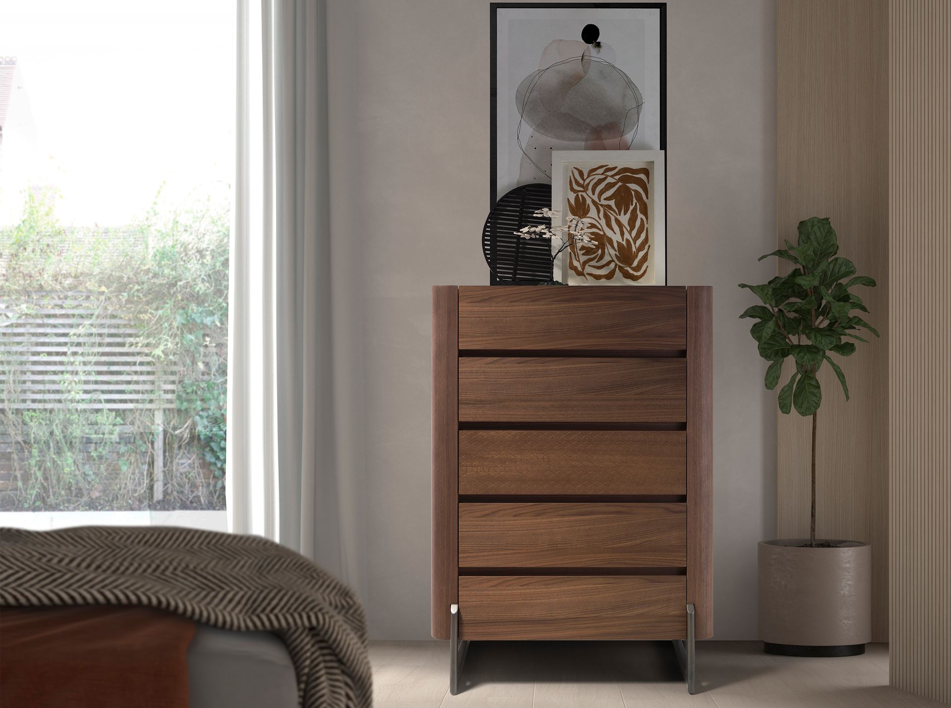 Chiffoniera in noce e acciaio scuro metallizzato con piano in marmo porcellanato