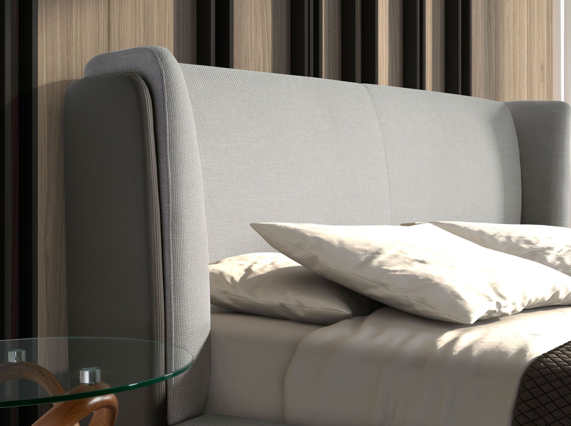 Letto in tessuto grigio chiaro e similpelle grigio scuro