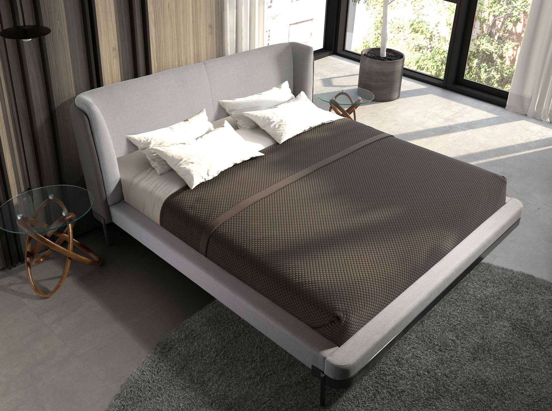 Letto in tessuto grigio chiaro e similpelle grigio scuro